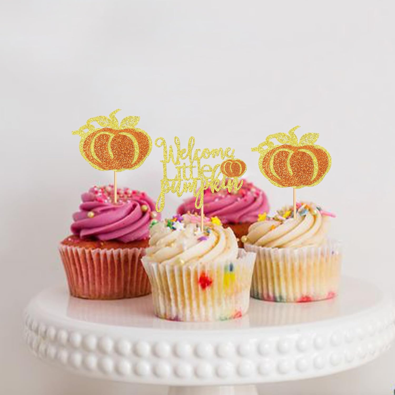 Paquete de 24 adornos de calabaza para cupcakes para niñas, decoraciones de baby shower, decoraciones de cumpleaños de calabaza, selecciones de