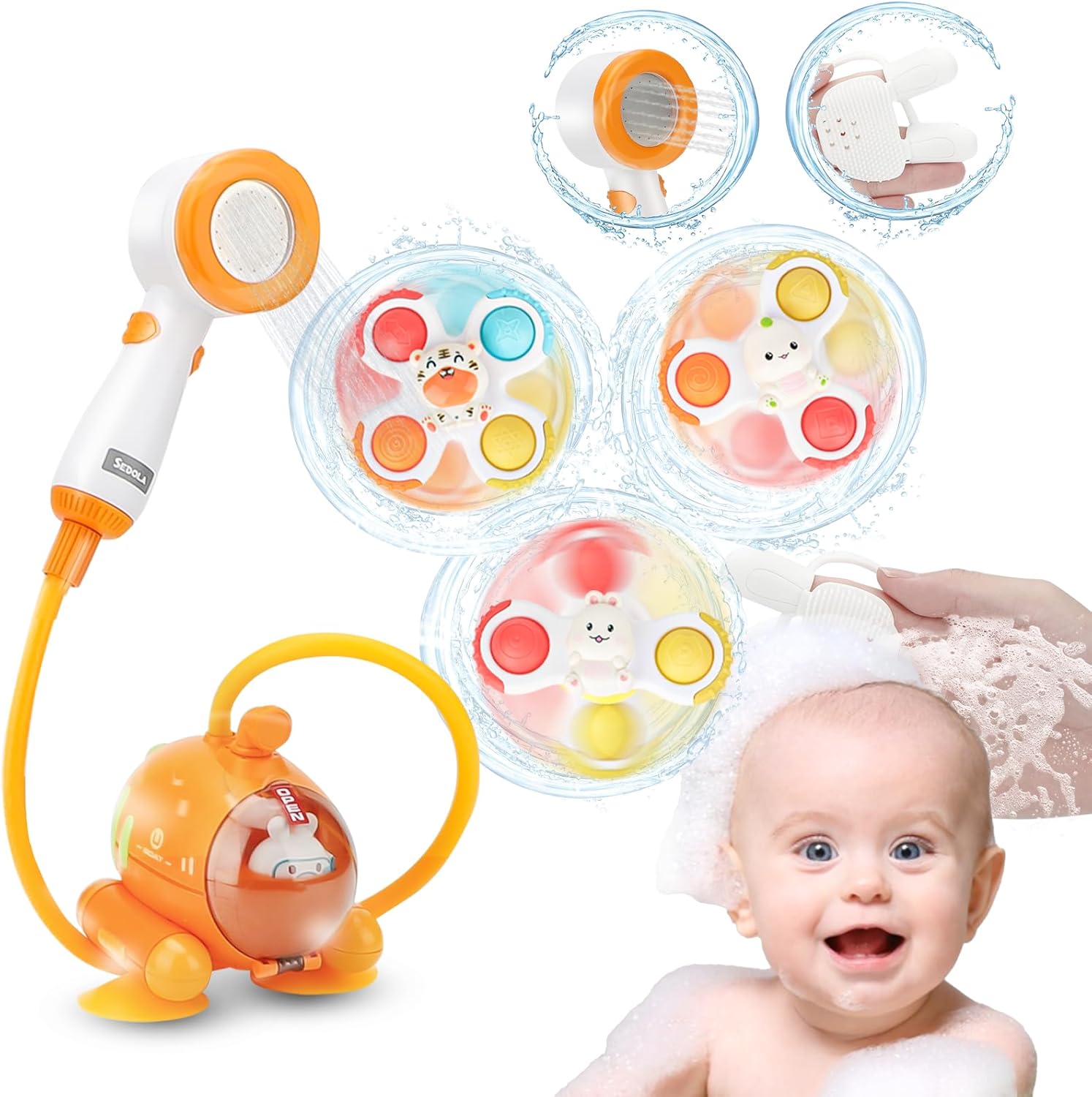 Juguetes de baño con 3 piezas de ventosa, juguetes giratorios eléctricos de rábano submarino para baby shower, juguetes de agua para bebés, ducha