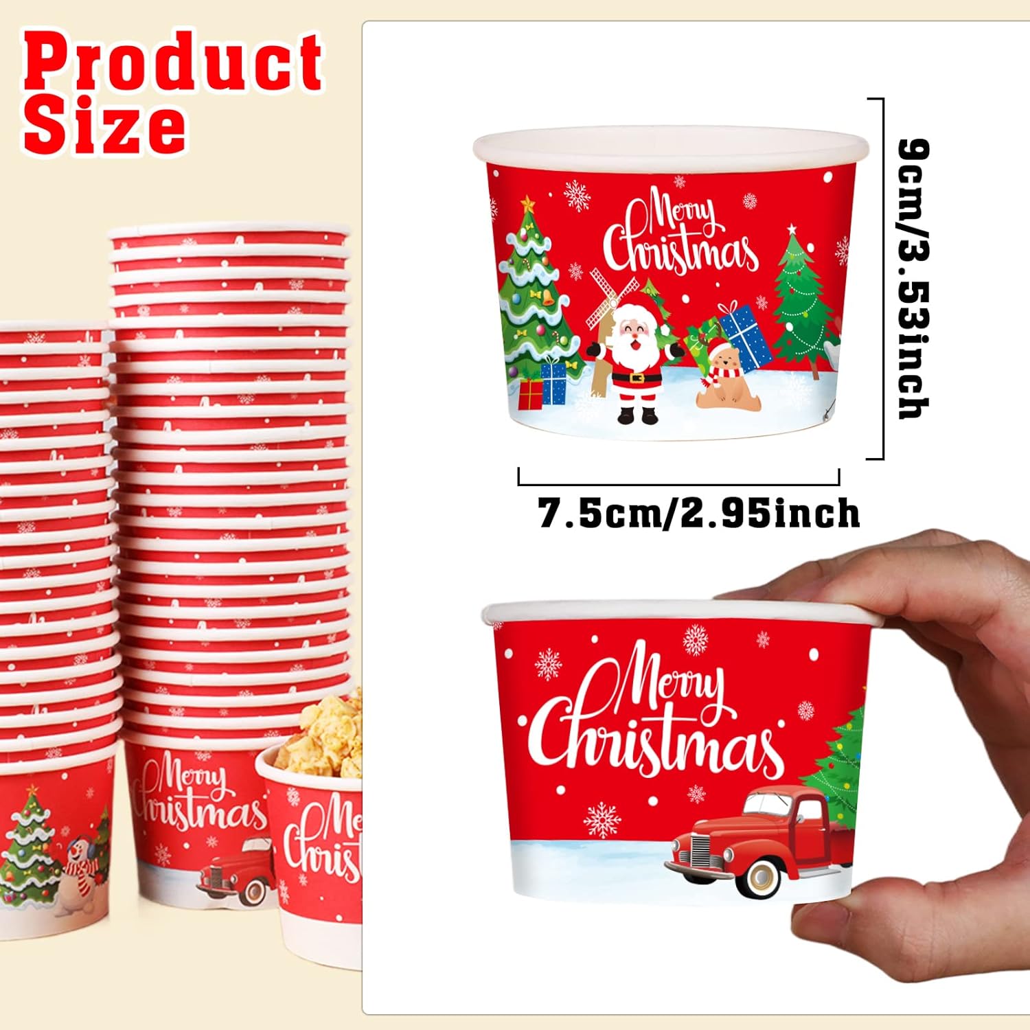 gisgfim 50 vasos de papel de Navidad, tazas de helado de Navidad, desechables de 9 onzas, tazones de postre para sopas temáticas de Navidad, para