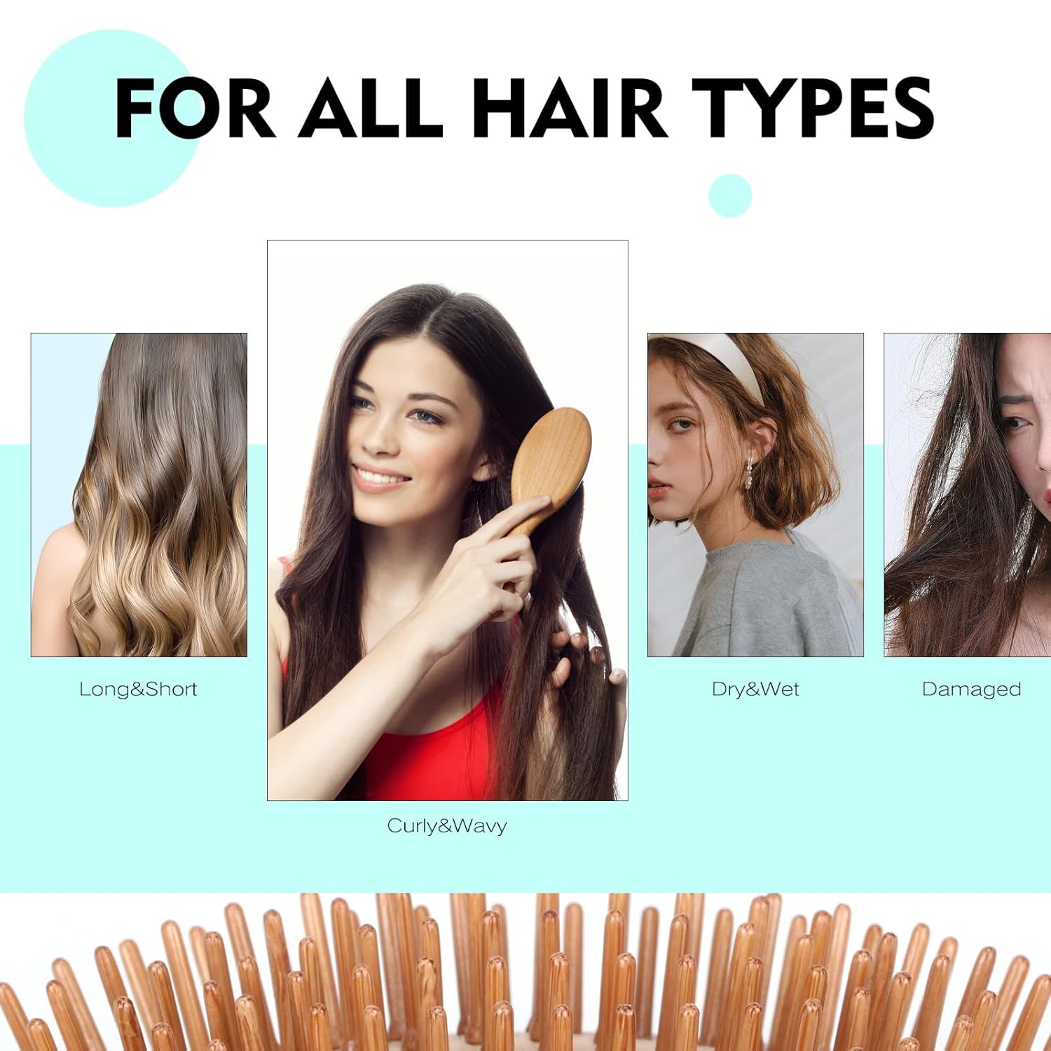 Cepillo de pelo de bambú, cepillo de paleta natural para suavizar y mejorar la textura del cabello, masaje calmante para mejorar la caspa, peine de