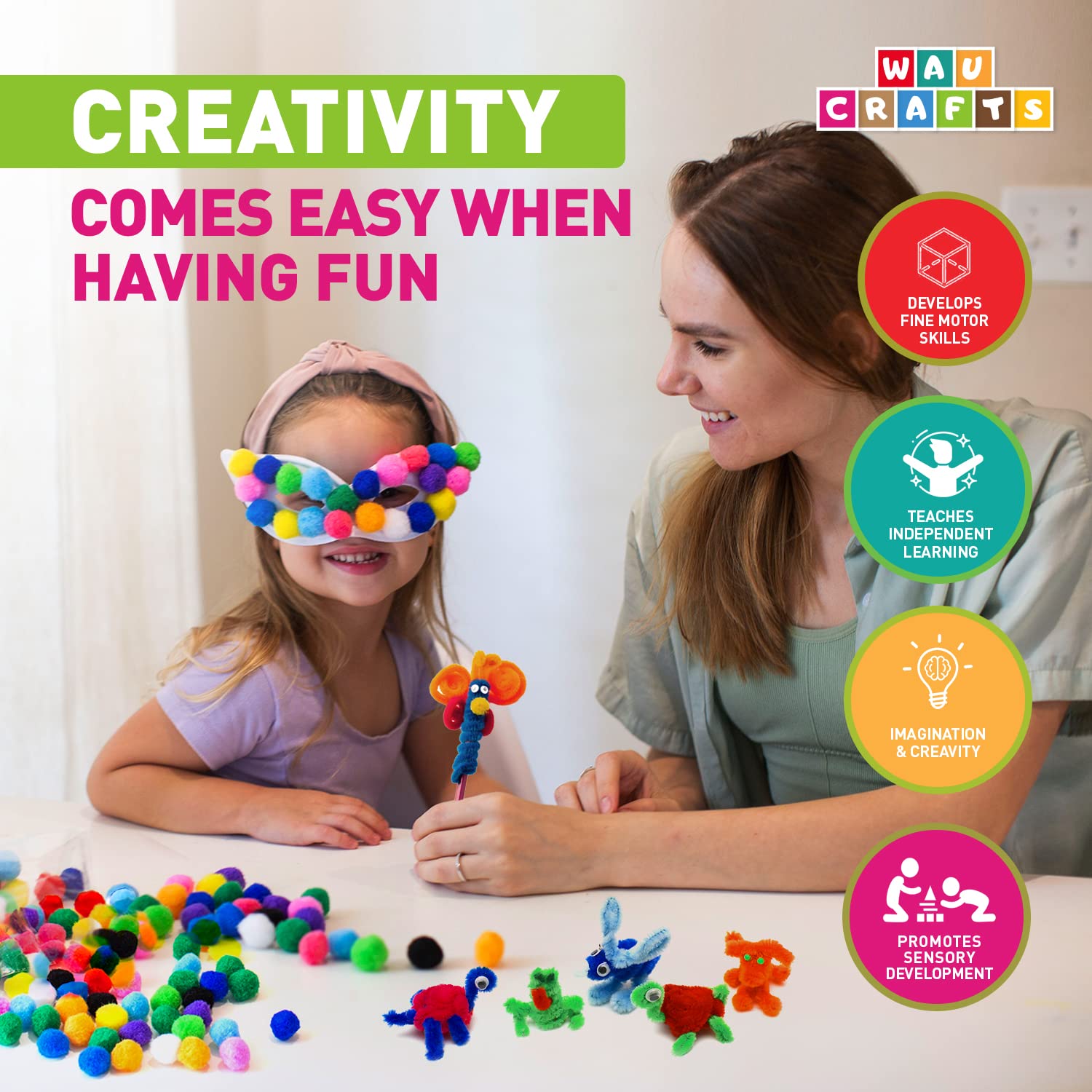 WAU Crafts 350 limpiapipas en 20 colores + 50 ojos saltones  Juego de tallos de felpilla para manualidades y decoraciones de bricolaje (12 pulgadas