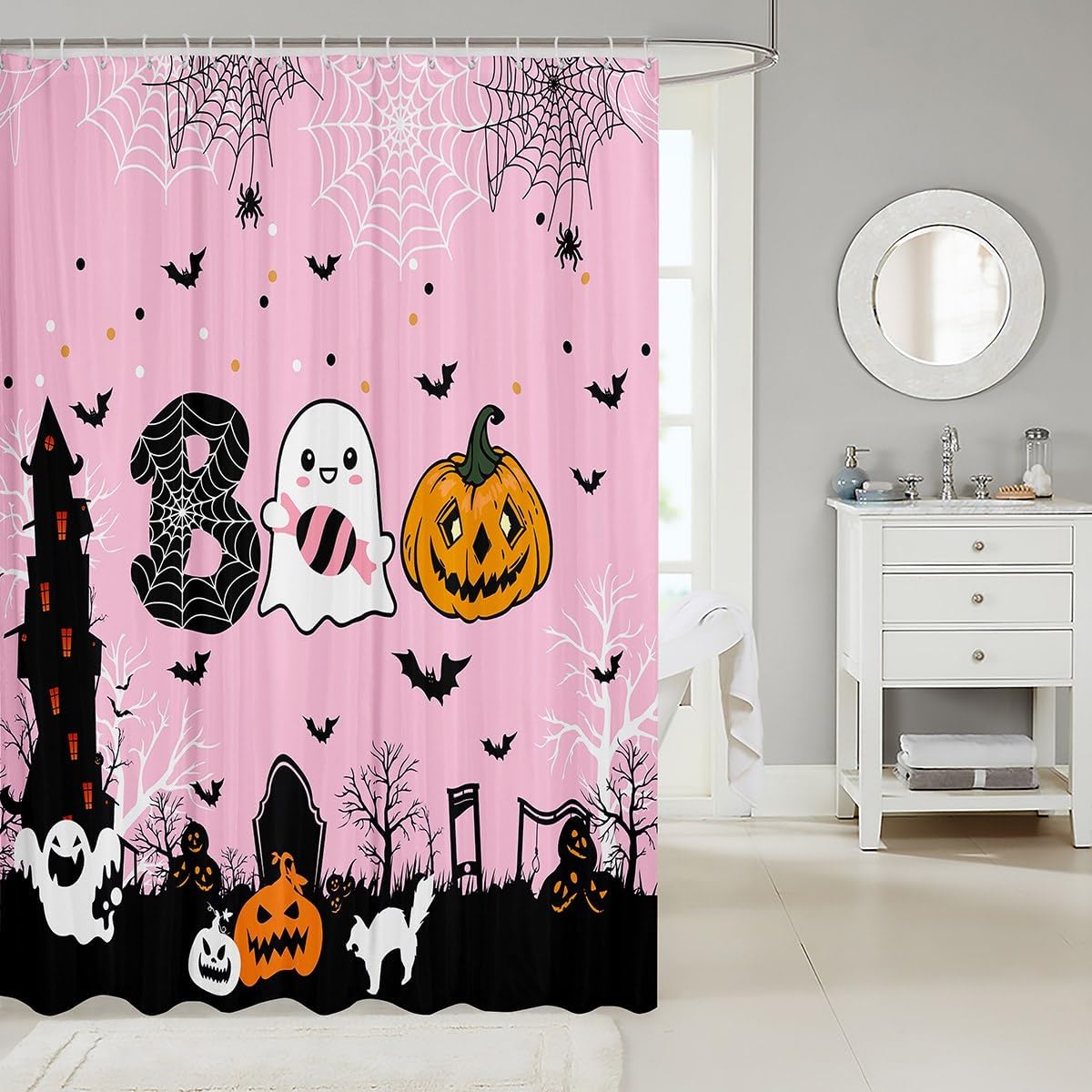 Manfei Cortinas de ducha de Halloween, lindas cortinas de baño impermeables con 12 ganchos, trajes para bañera, cortinas de baño con estampado de