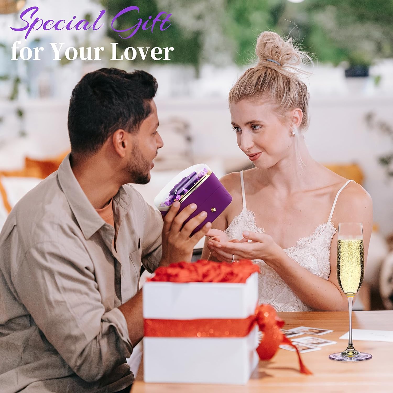 AK KYC Flor preservada, rosa, flores eternas, regalos para el día de San Valentín, incluye un exquisito collar y aretes para esposa, novia, para