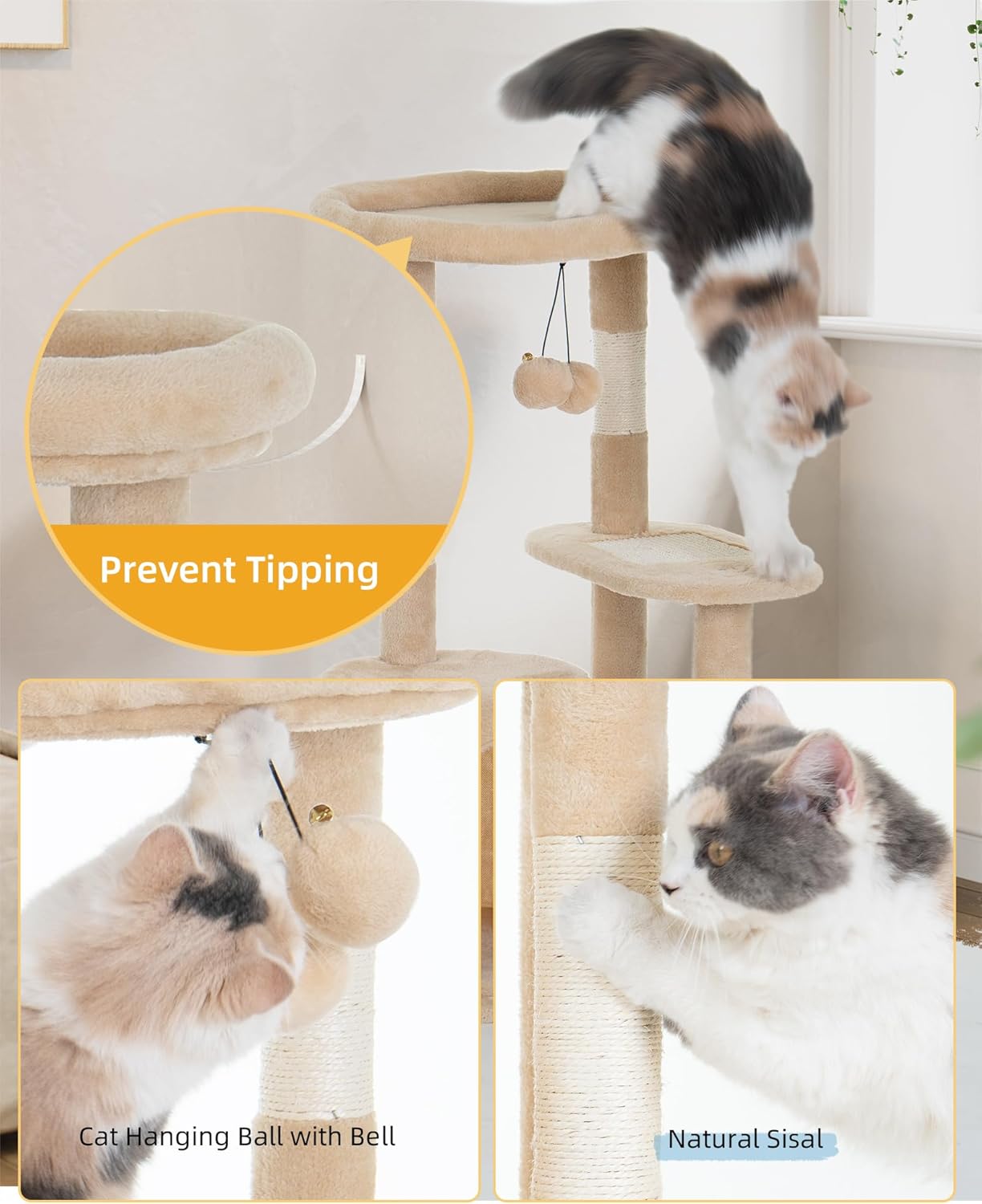 Aechonow Torre de árbol para gatos pequeños de interior con condominio y hamaca profunda, torre para gatos con poste rascador de sisal natural y