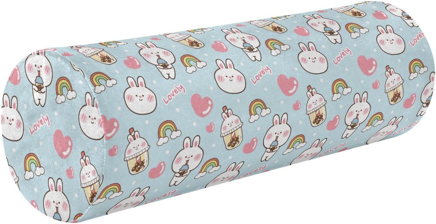 Cute Rabbits Decorative Bolster Pillows for Sofa Decorative Neck Roll Pillow Case Long Round Pillows for Bed Foam Cylinder Pillow Cervical