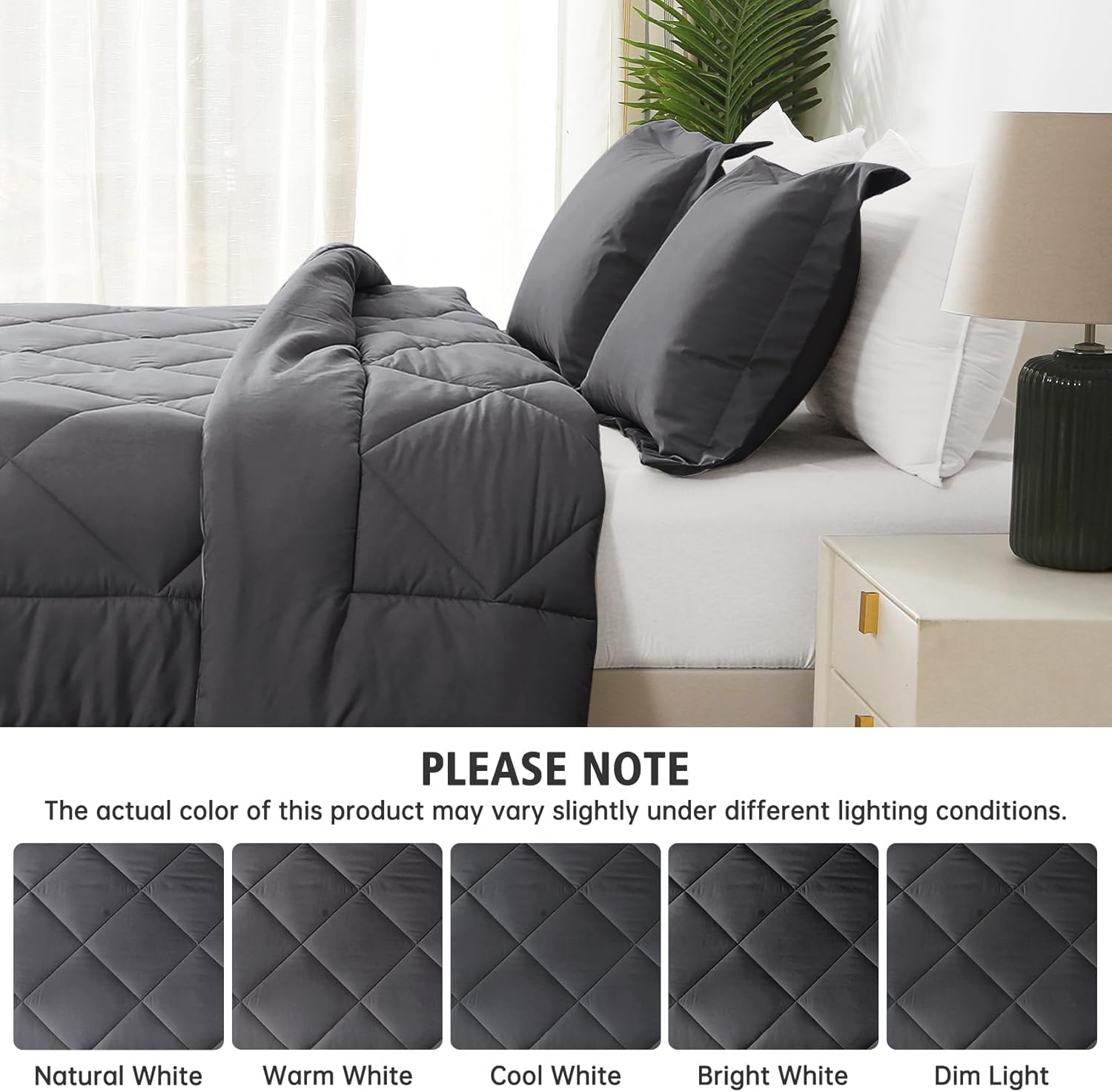 JOLLYVOGUE Juego de edredón tamaño King gris oscuro, juego de cama reversible en una bolsa para todas las estaciones, juego de cama de 3 piezas con