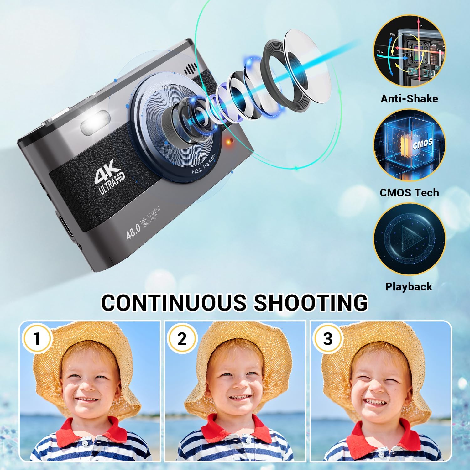 Cámara digital 4K, cámara de vlogging de 48 MP para fotografía, cámara compacta de viaje de YouTube con flash, zoom digital 18X, tarjeta SD de 32 G