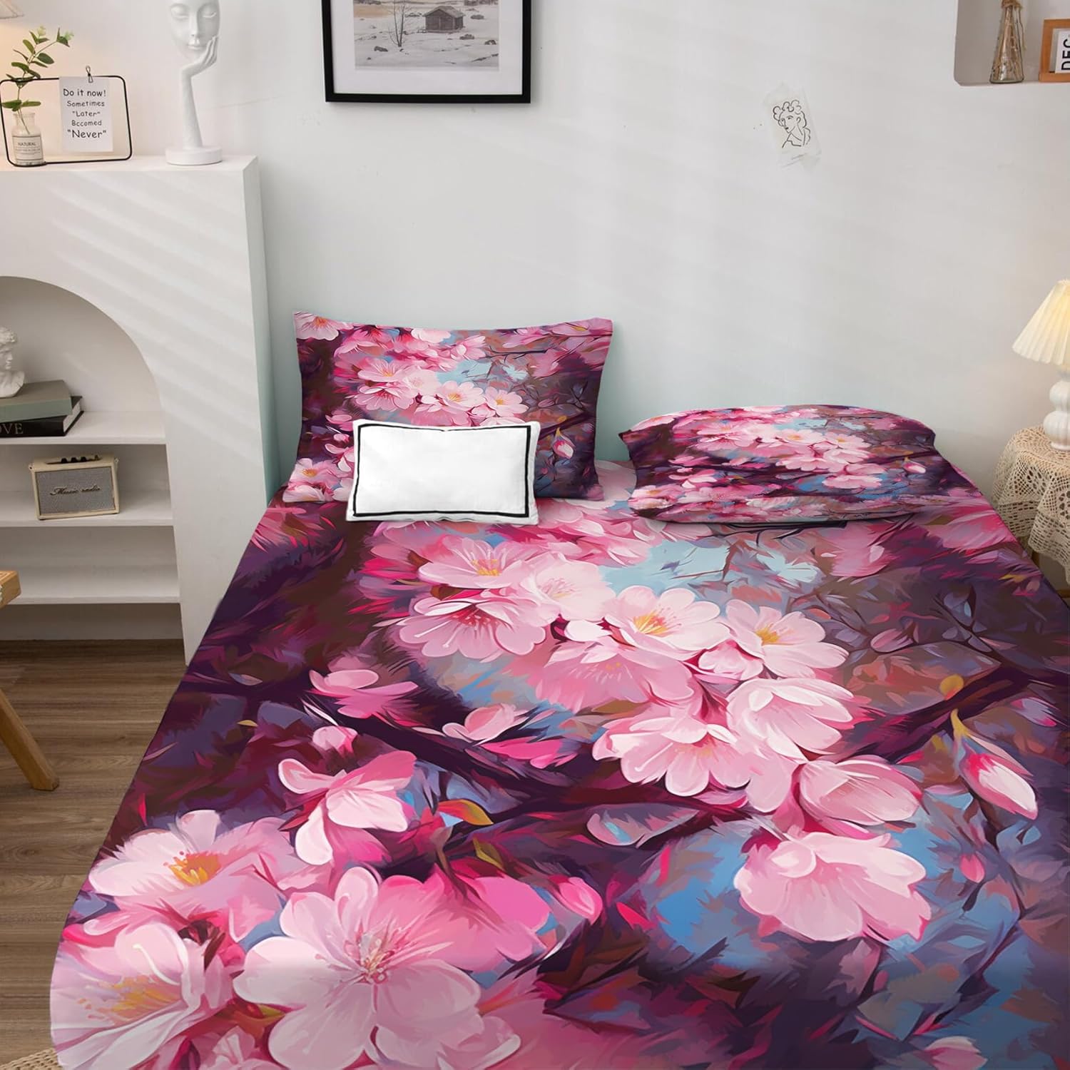 Z9-&-207 – Juego de sábanas japonesas Sakura, sábanas y fundas de almohada estampadas de 4 piezas, sábana bajera ajustable de microfibra suave con