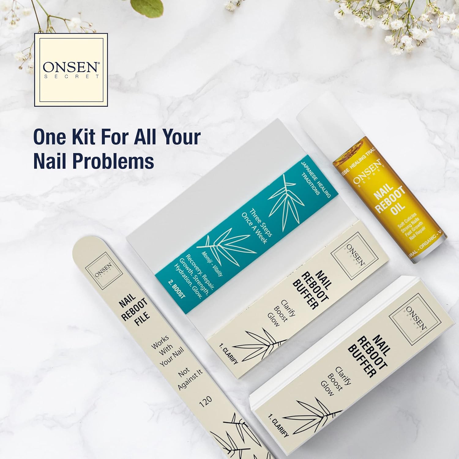 Onsen Secret Kit esencial de reinicio de uñas (aceite) lima de uñas profesional, bloque de pulido de uñas de 3 vías con almohadillas de repuesto
