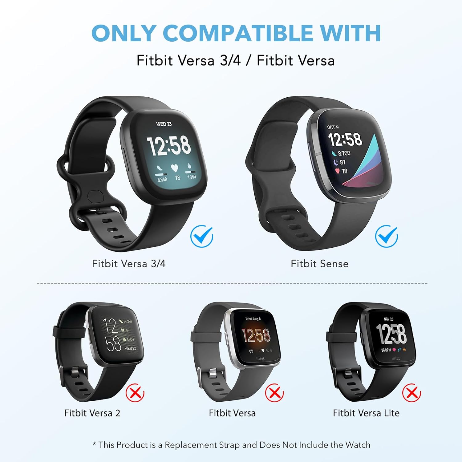 Paquete de 2 bandas impermeables compatibles con Fitbit Versa 3Fitbit Versa 4Fitbit SenseSense 2, pulseras deportivas clásicas de repuesto suaves