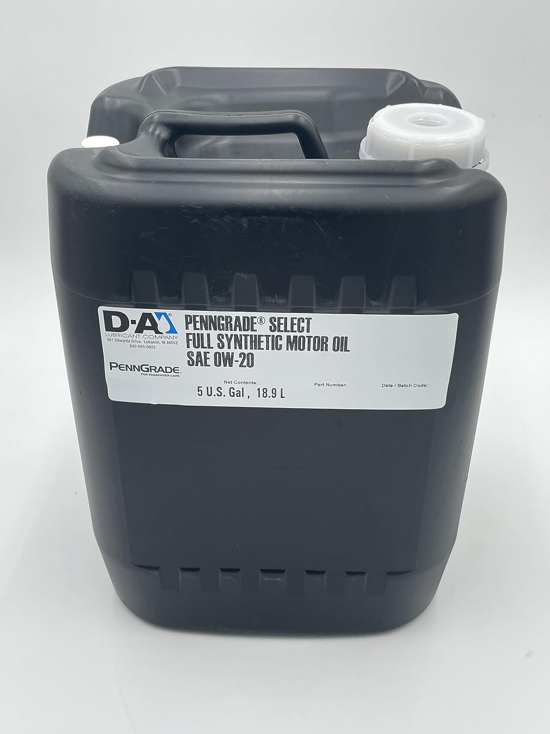 Aceite de motor PennGrade  Lubricantes D-A  Aceite de motor sintético completo seleccionado  SAE 0W20  5 galones con grifo dispensador  Caja de