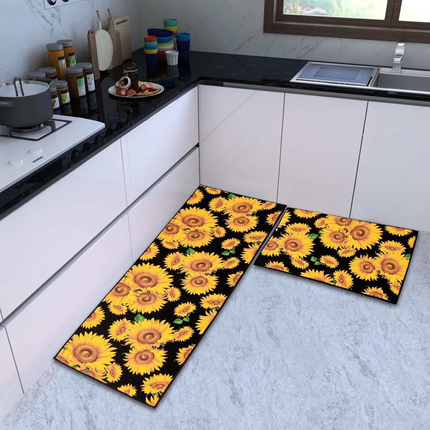 Juego de 2 alfombras y tapetes de cocina de girasol, lavables, antifatiga, antideslizantes, duraderos, cómodos, para cocina, oficina, fregadero,