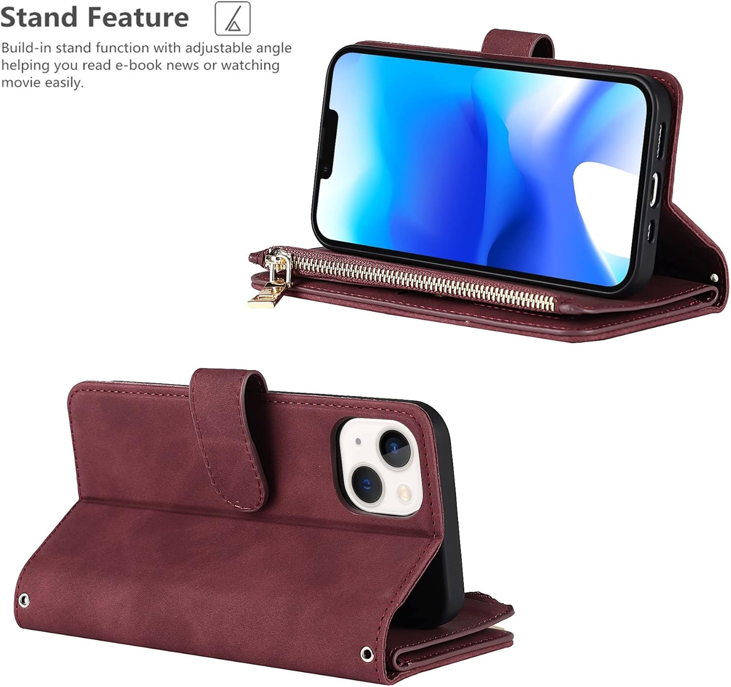 iCoverCase Funda tipo cartera para iPhone 14 con tarjetero y cordón cruzado ajustable, ranuras para tarjetas de piel sintética (no desmontable),