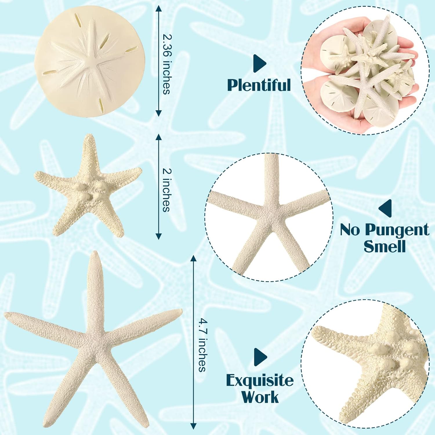 15 unidades de estrellas de mar y dólares de arena de resina de 2.0 pulgadas, estrellas de mar de 4.7 pulgadas, dólares de arena de 2.3 pulgadas,