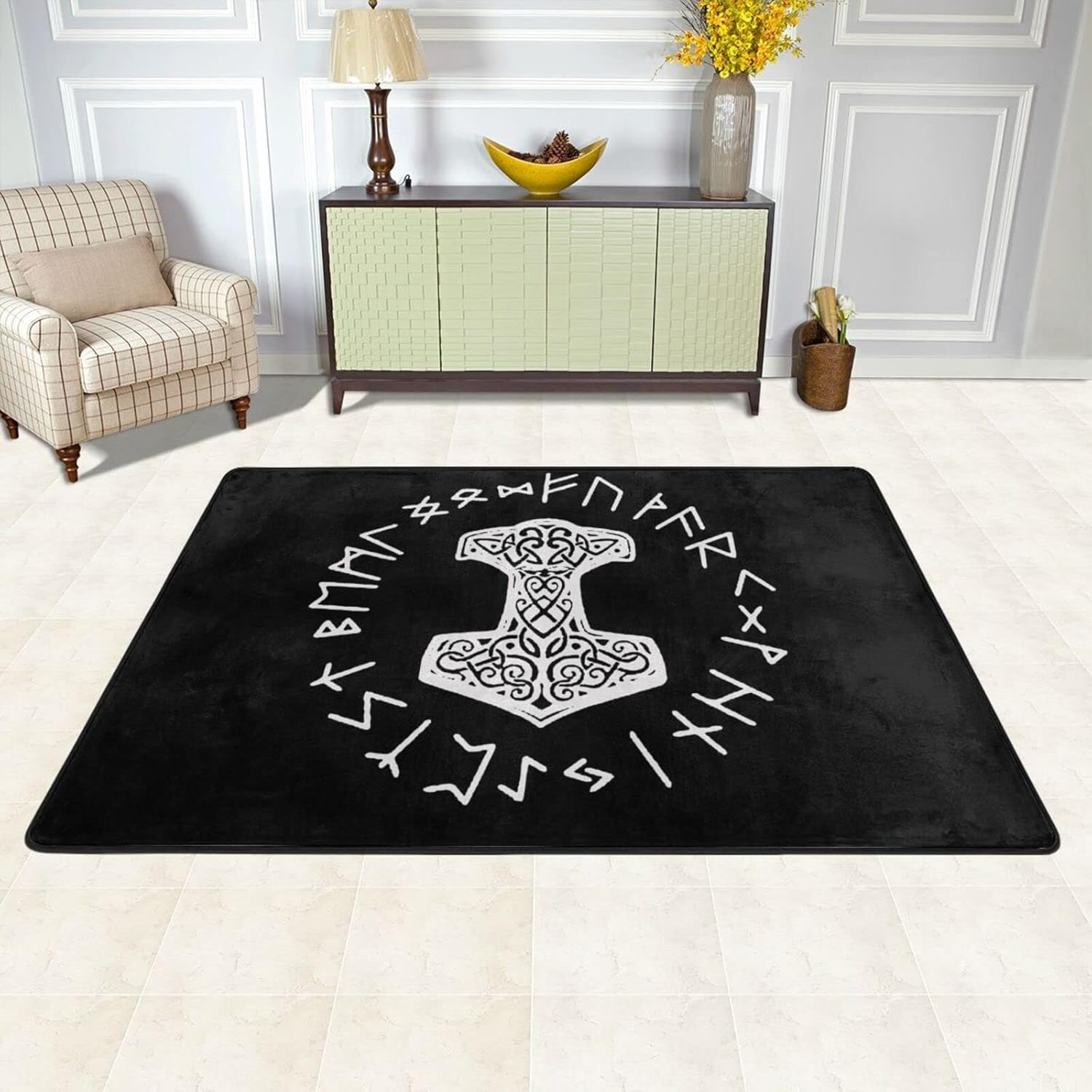 Vikings Mjolnir and Rune Wheel Norse Mythology Symbol Area Rug Living Room Bedroom Kitchen Sofa Bedside Carpet Floor Mats 72″X48″