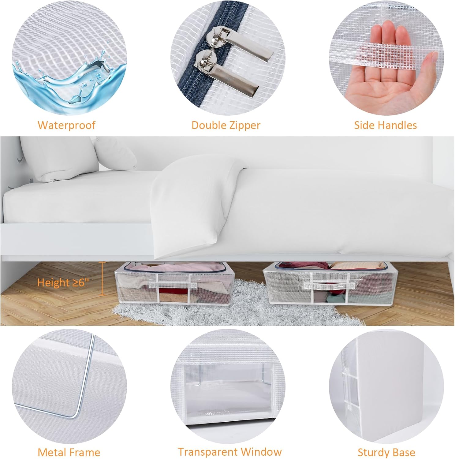 Contenedores de almacenamiento para debajo de la cama, paquete de 2, 30 litros de almacenamiento de ropa debajo de la cama con soporte interno
