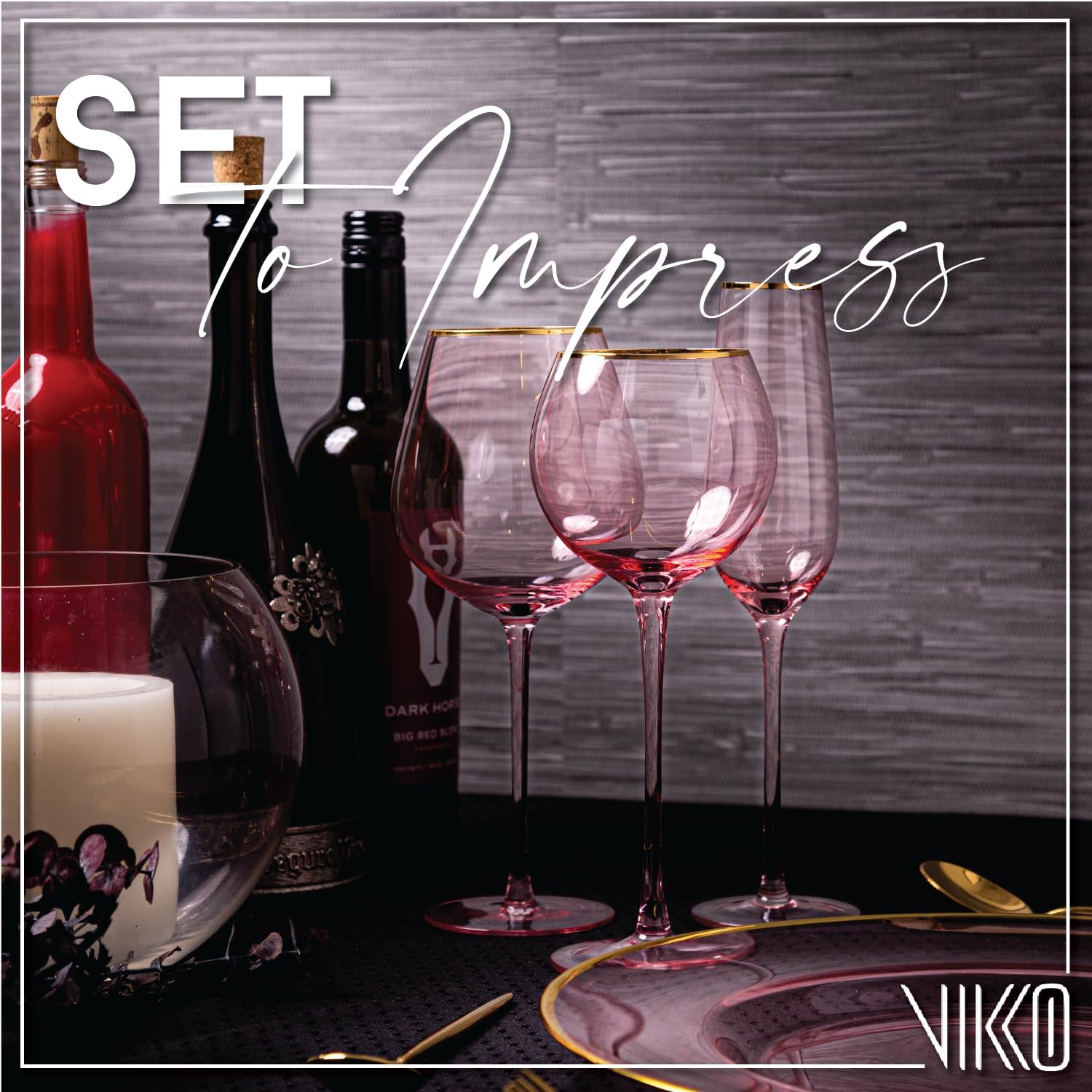 Vikko Copas de vino, copa de vino rosa de 17 onzas con borde dorado, juego de 4 copas de vino con tallo para vino tinto y blanco, copas de vino de