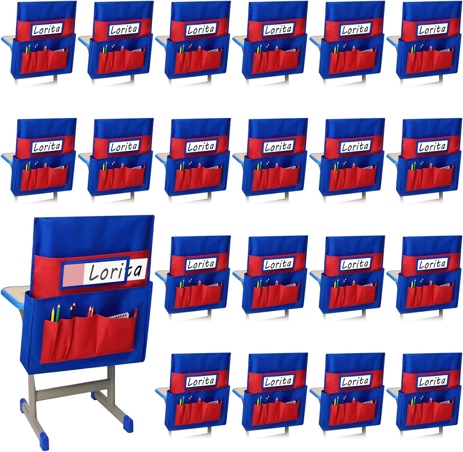 Panelee 20 bolsillos para sillas para aulas, organizador de respaldo de asiento con ranura para nombre y bolsas de almacenamiento, bolsa para silla
