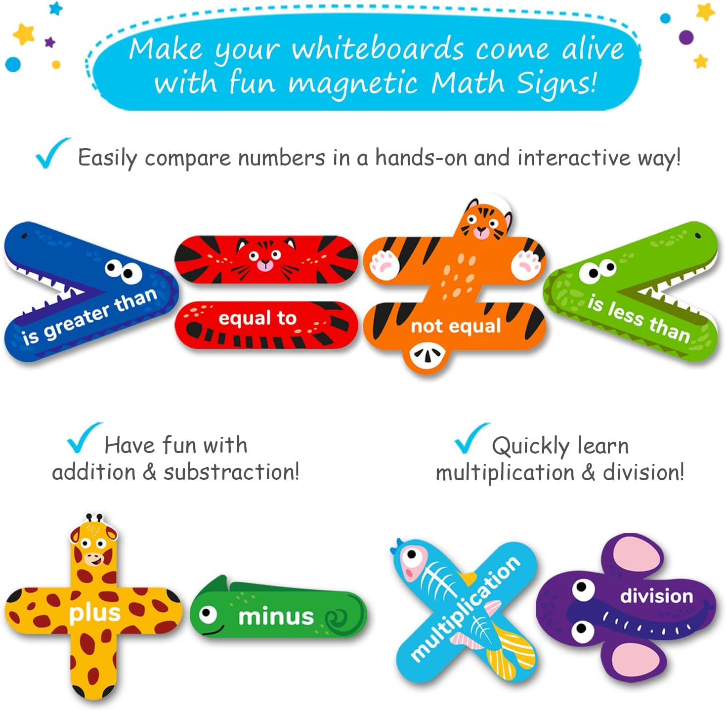 Paquete de 8 divertidos letreros matemáticos, imanes de matemáticas de animales, juegos de signos de mayor que menos que cocodrilo, suministros para