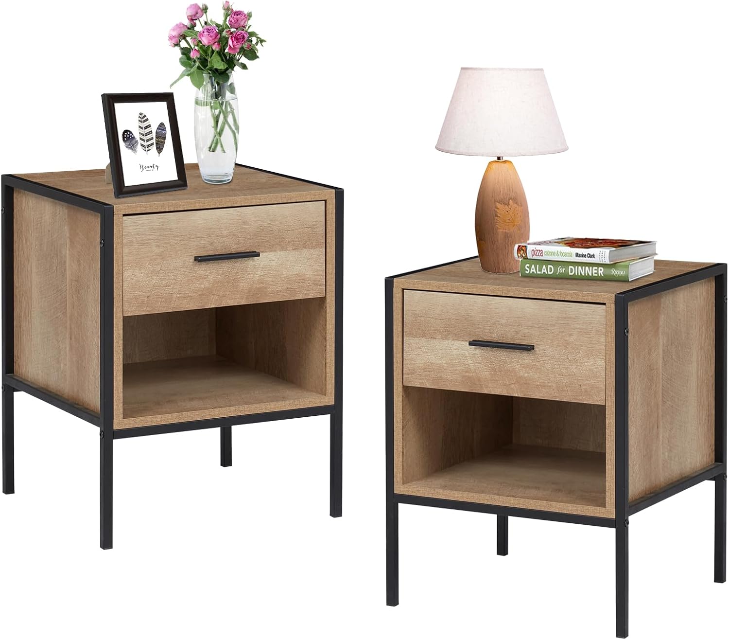 kinbor Juego de 2 mesitas de noche rústicas para sala de estar, juego de 2, mesita de noche con cajón y estante, muebles para el hogar para espacios