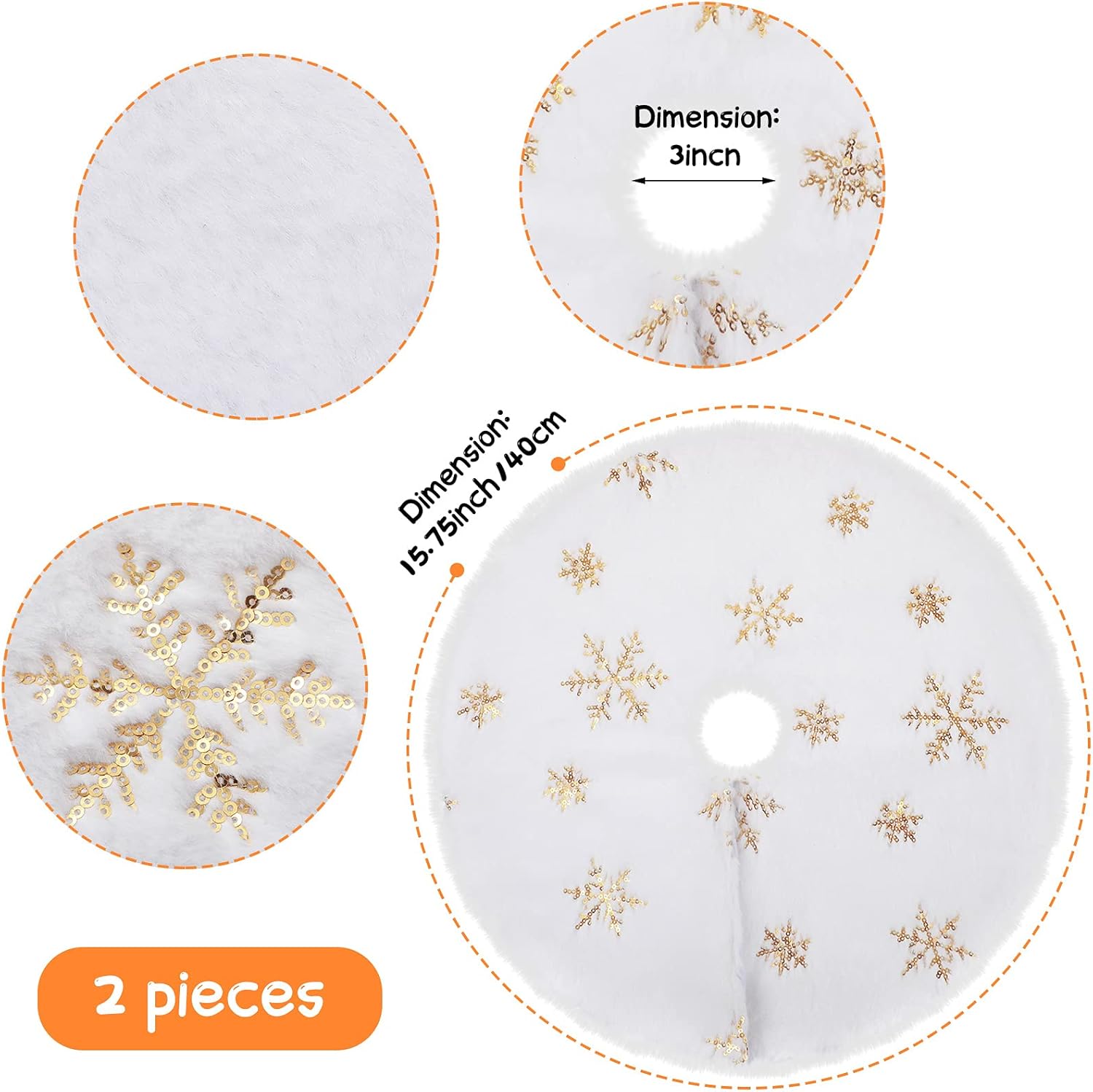 2 faldas de árbol de Navidad de 15 pulgadas, falda pequeña de fieltro blanco para árbol de Navidad, faldas de árbol de lentejuelas pequeñas, patrón