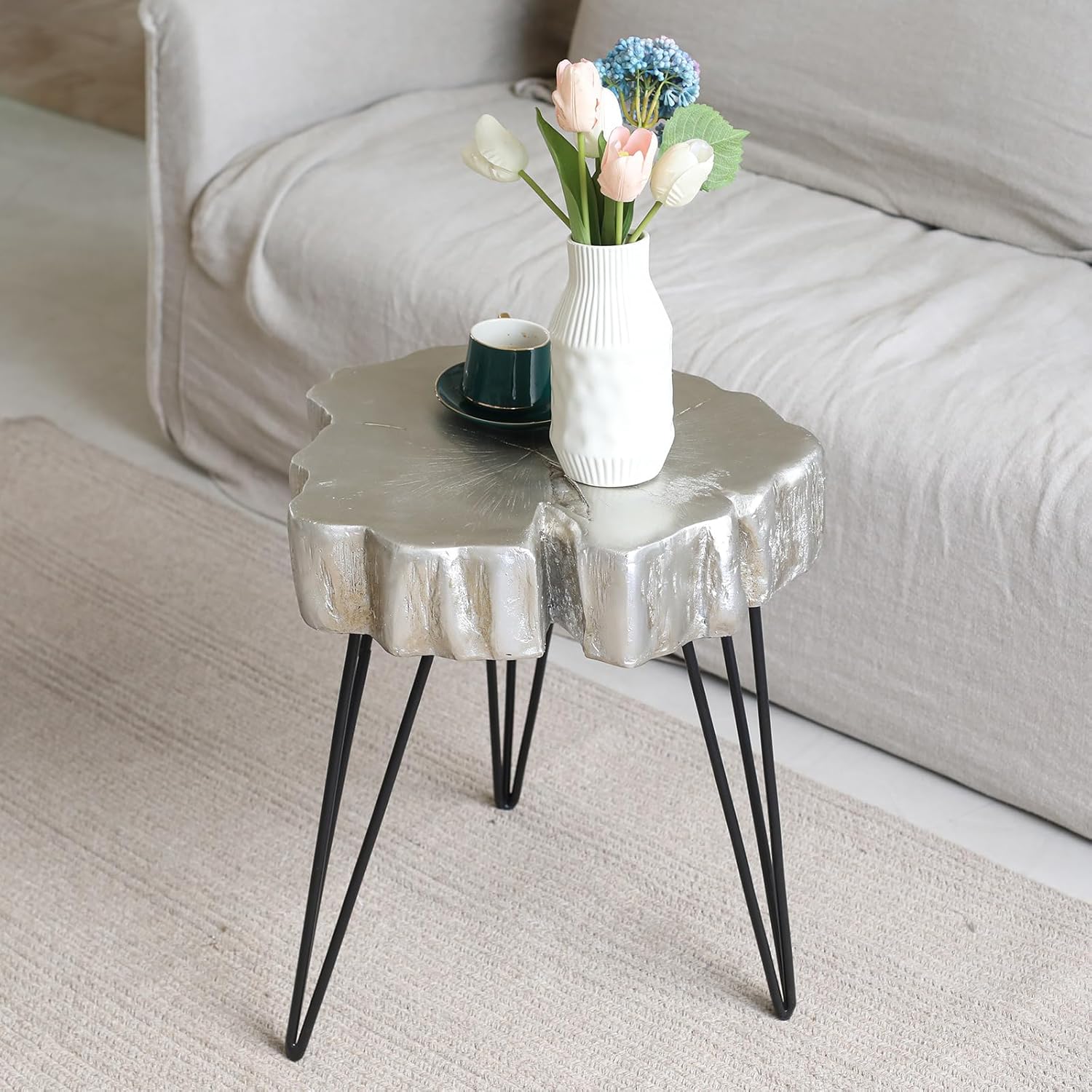 Moderna mesa auxiliar auxiliar para patio, pequeña mesa auxiliar con patas de horquilla para interior y exterior, patio, sala de estar, 19 pies de