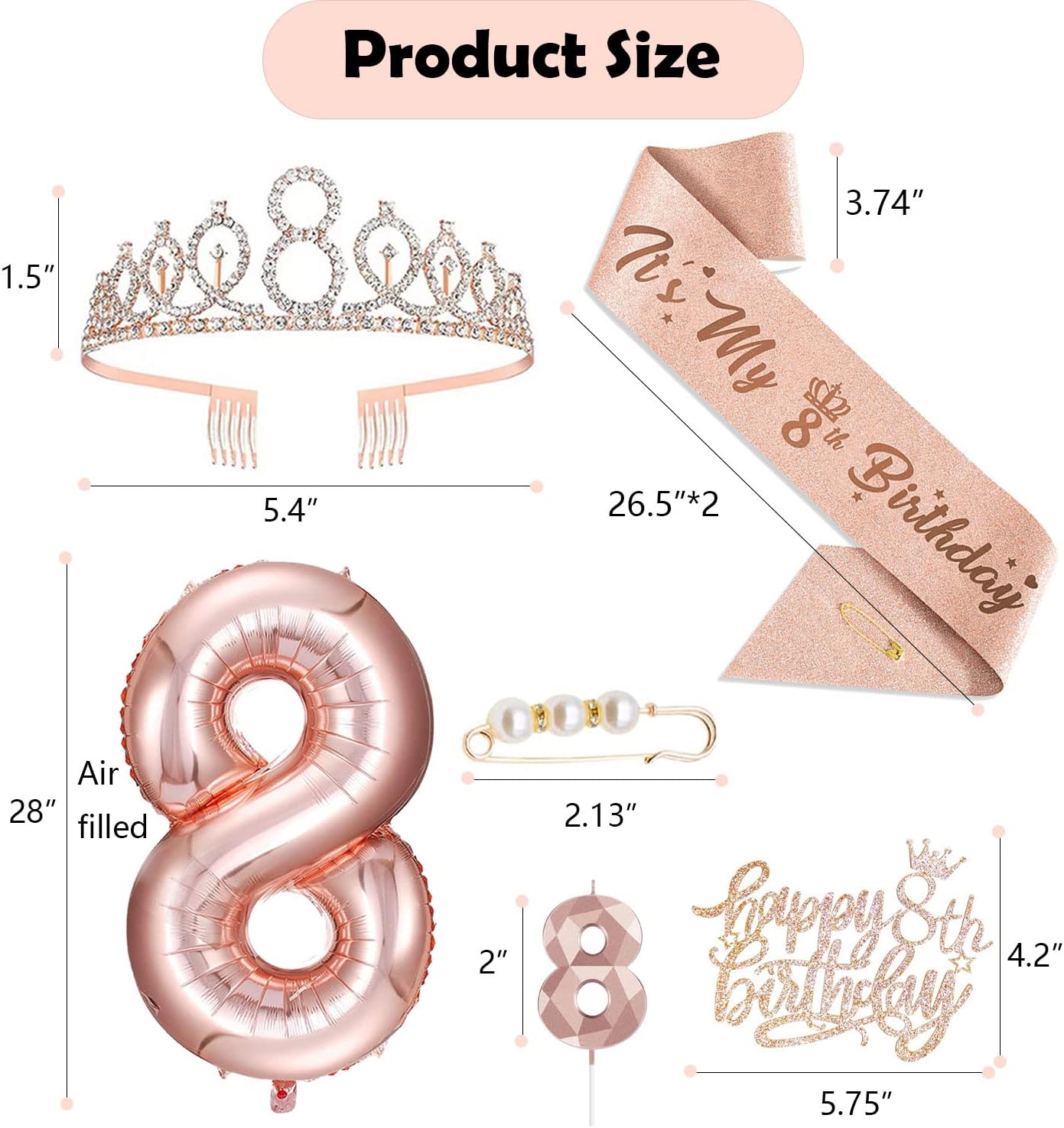 Decoraciones de cumpleaños número 8 para niñas, incluye adorno para pastel de cumpleaños de 8 años, banda de reina de cumpleaños con alfiler de
