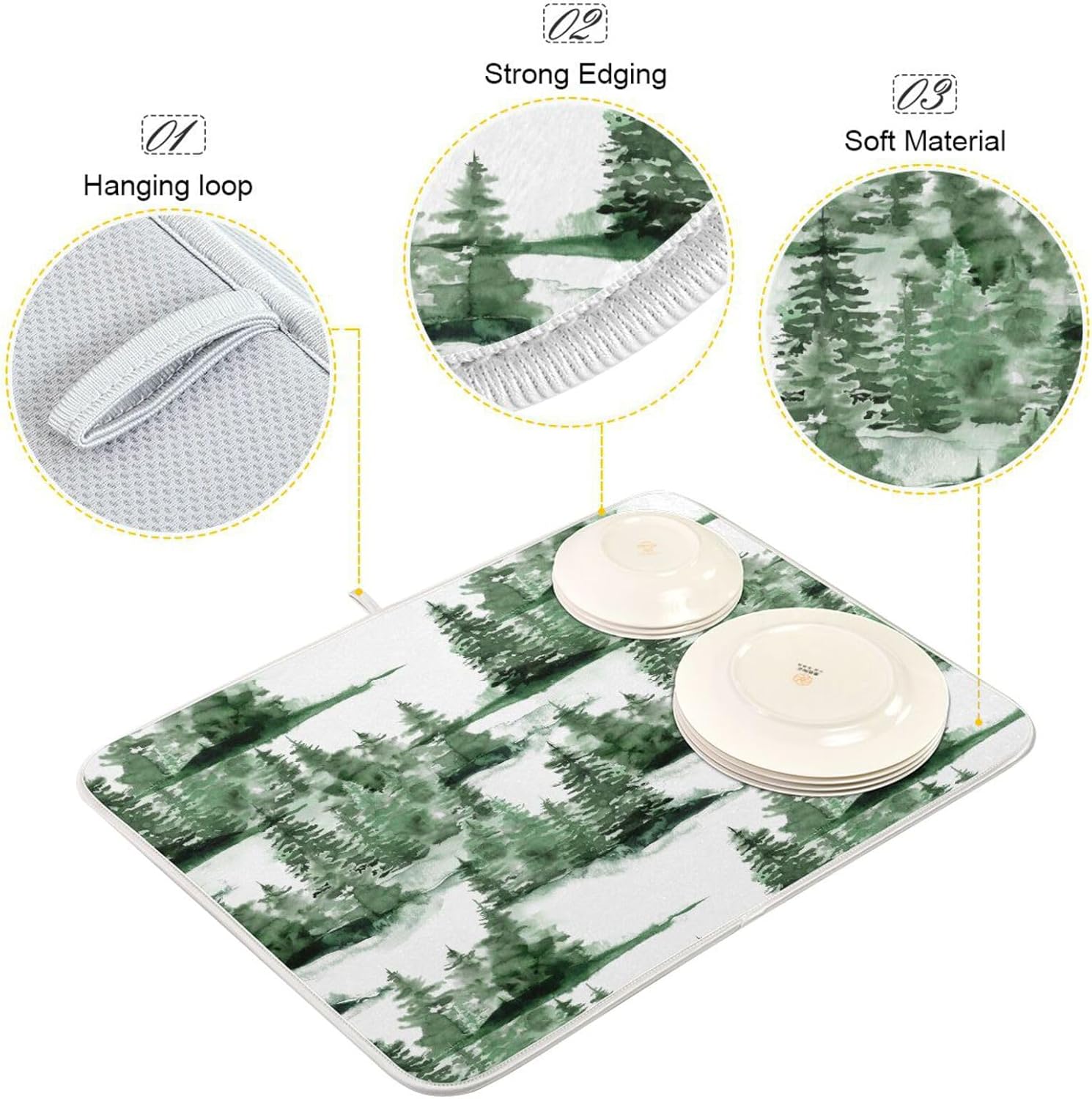 Winter Green Dish Drying Mat Washnable Absorbent Kitchen Countertop Mat Drying Matts For Dishes Tapete Para Cocina 16” x 18”
