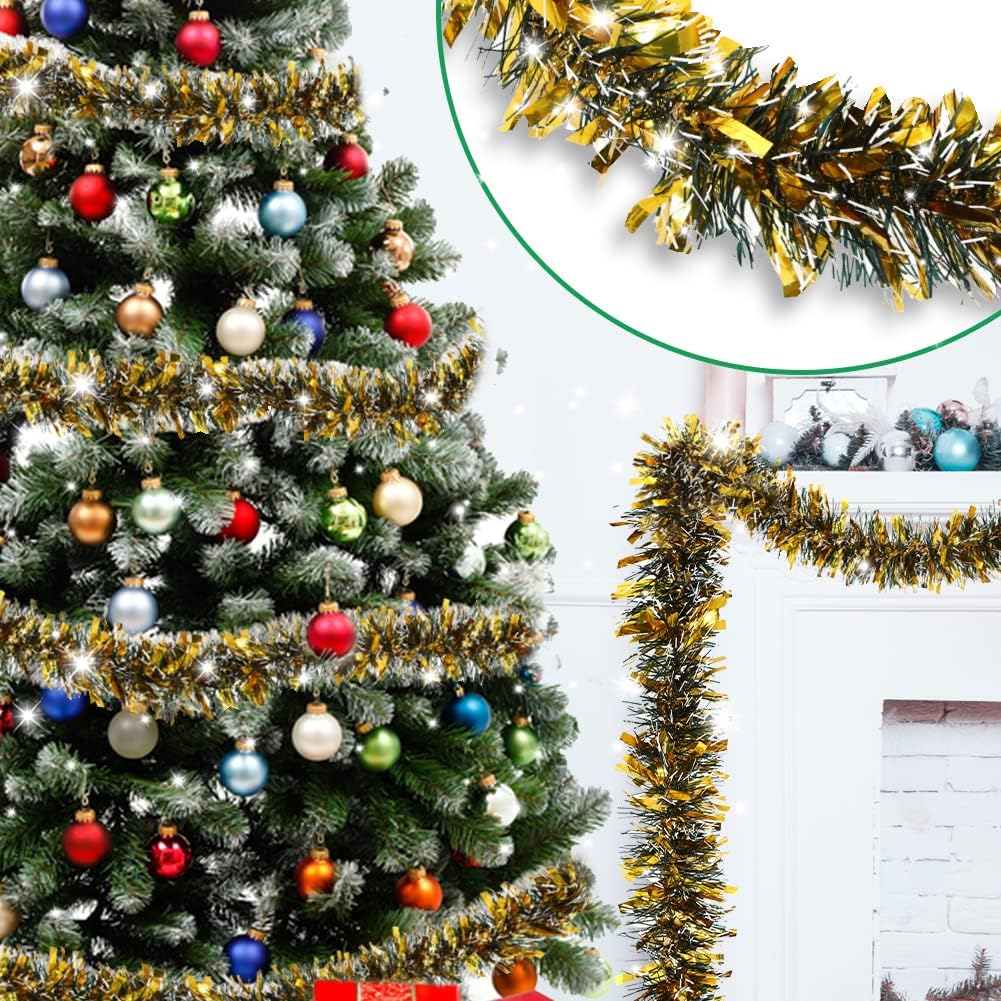 Guirnalda de oropel de Navidad de 33 pies para decoración de árbol de Navidad, serpentinas metálicas gruesas y finas, guirnalda de oropel para