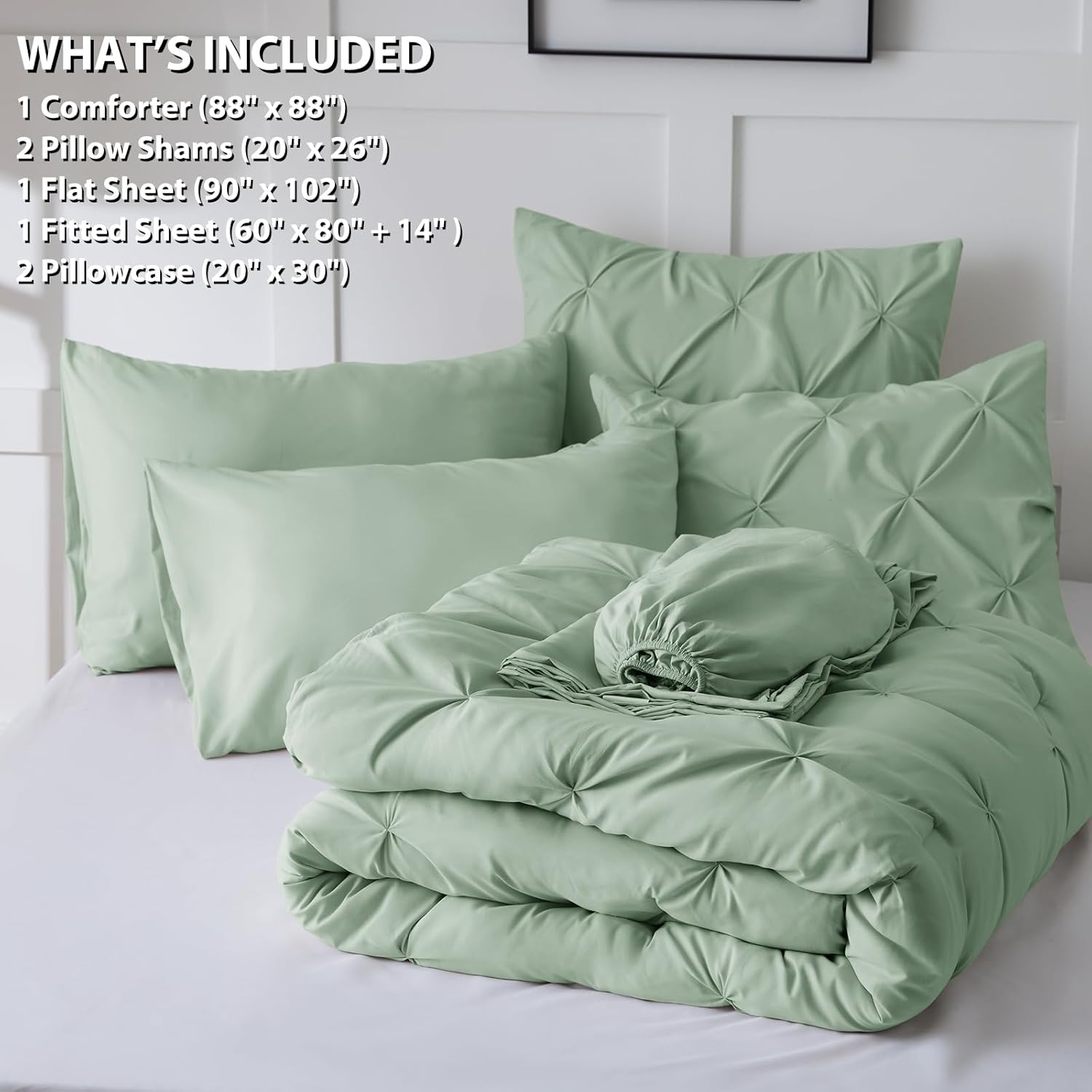 CozyLux Juego de edredón Queen de 7 piezas, tamaño Queen, color verde salvia, juego de ropa de cama plisada en una bolsa con edredón para todas las