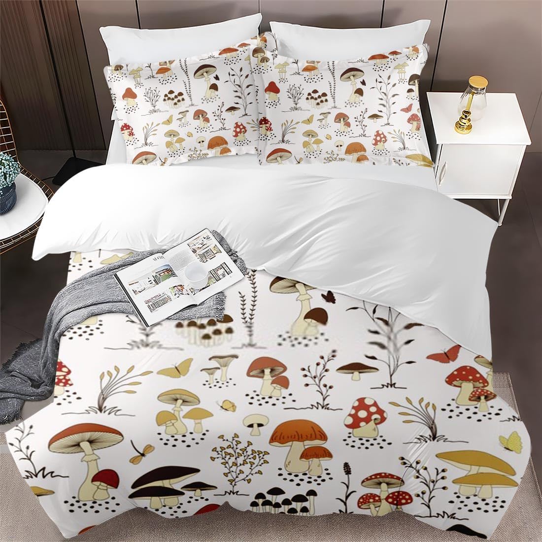 Juego de funda de edredón, diseño de hongos y mariposa, juego de ropa de cama para niños y adultos, decoración de dormitorio de niños y adultos,