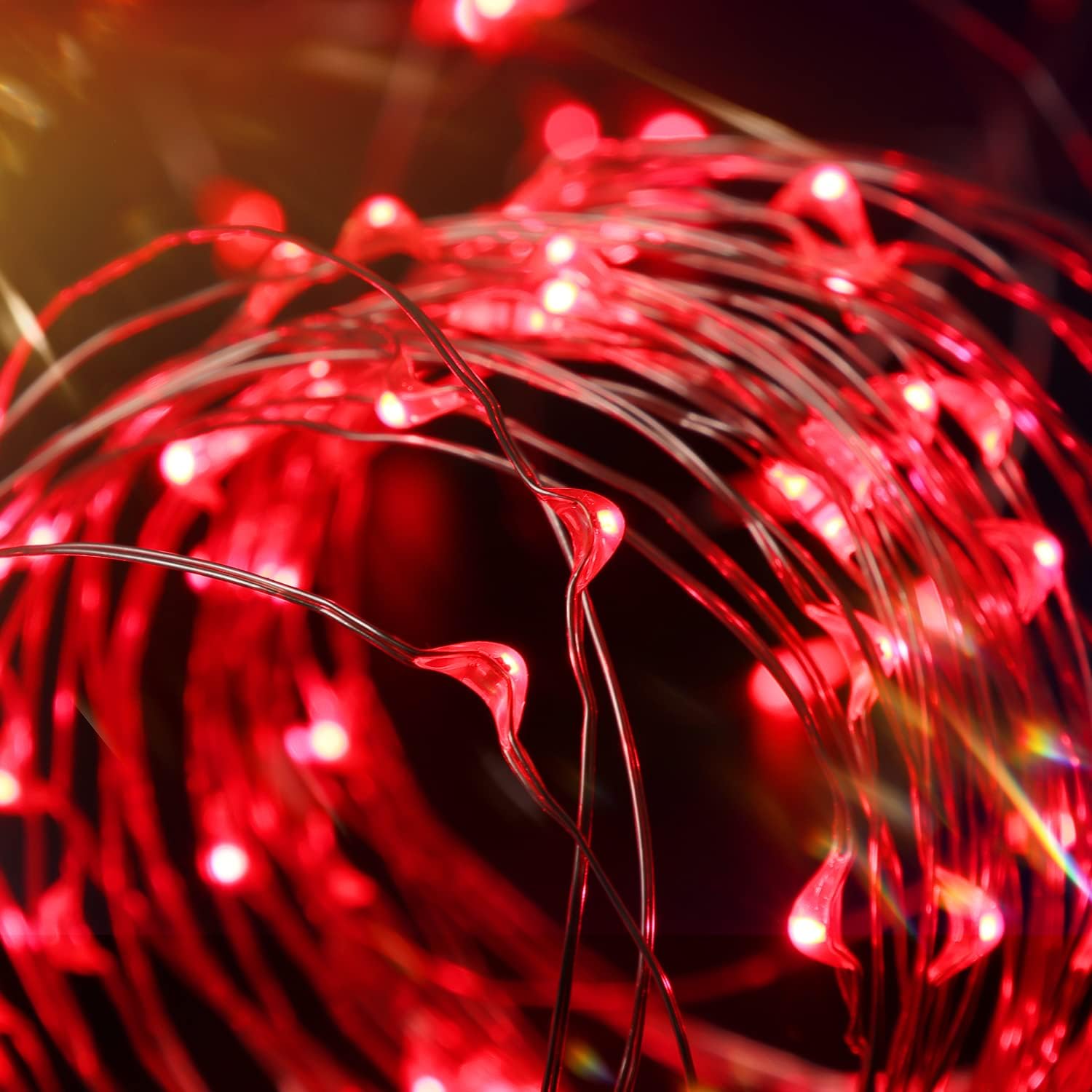 Blingstar Guirnalda de luces rojas de Navidad de Halloween, paquete de 2 tiras de luces LED de 33 pies, 100 luces LED de alambre plateado para