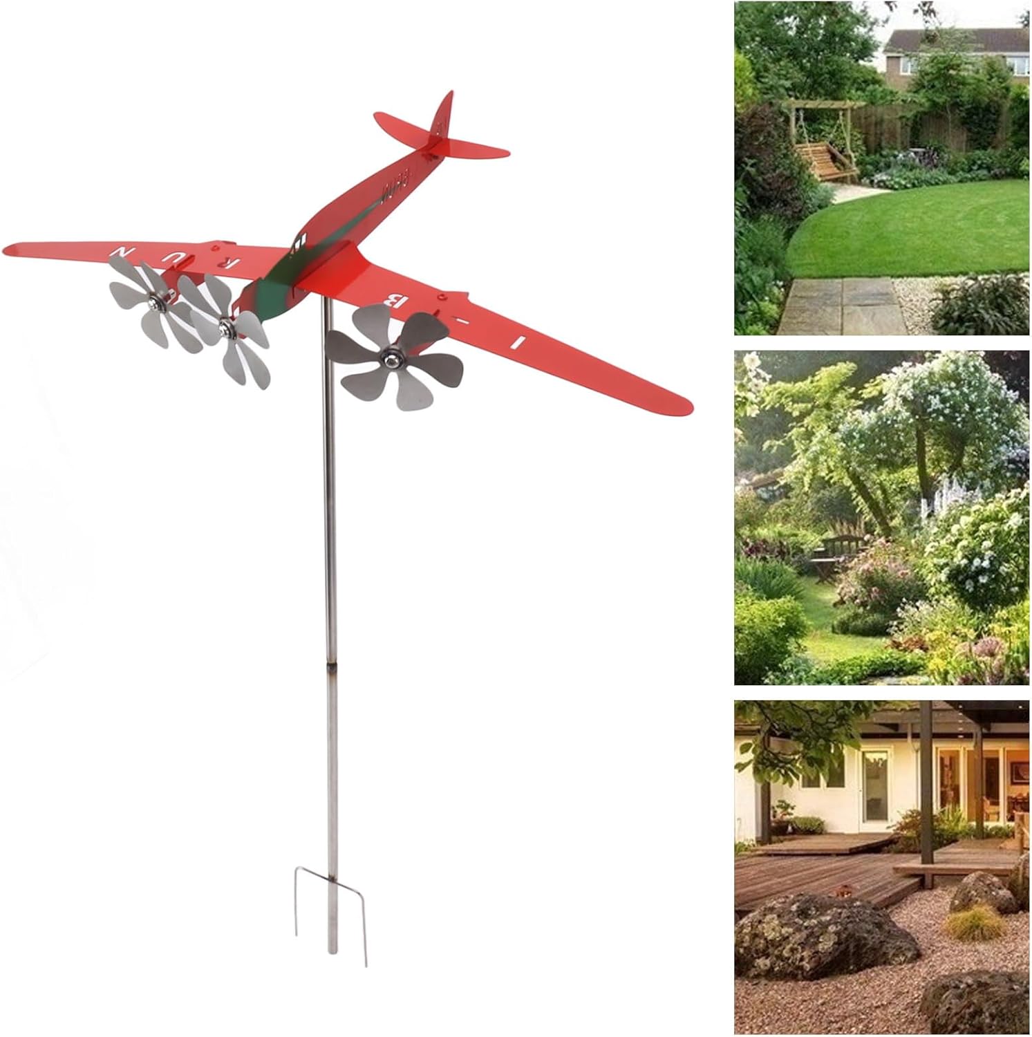 Molino de viento para aviones, metal con forma de avión para el clima, hilandero de viento 3D, rojo, a prueba de óxido, liso, molino de viento de