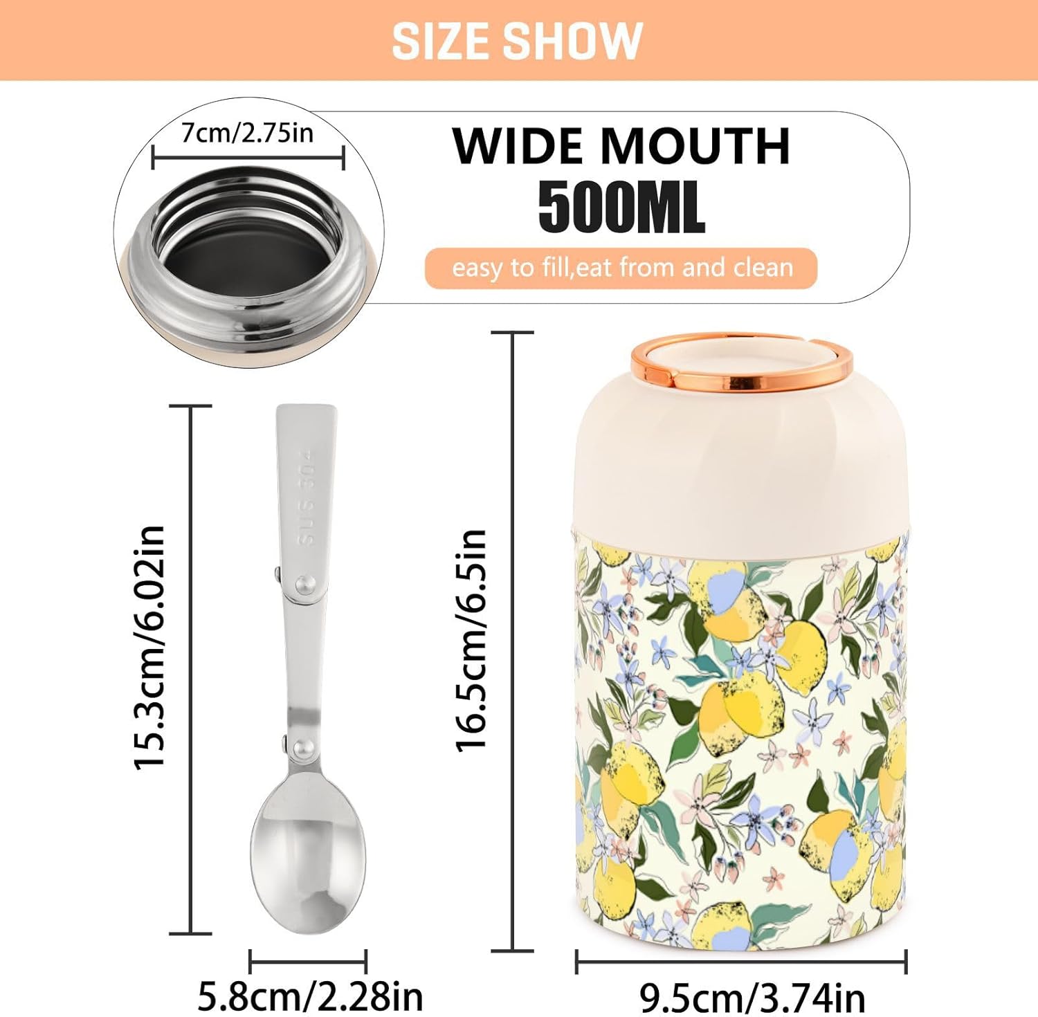 MCHIVER Coloridos limones flores tarro de comida con cuchara de acero inoxidable aislado al vacío contenedor de alimentos 17 oz termo de alimentos