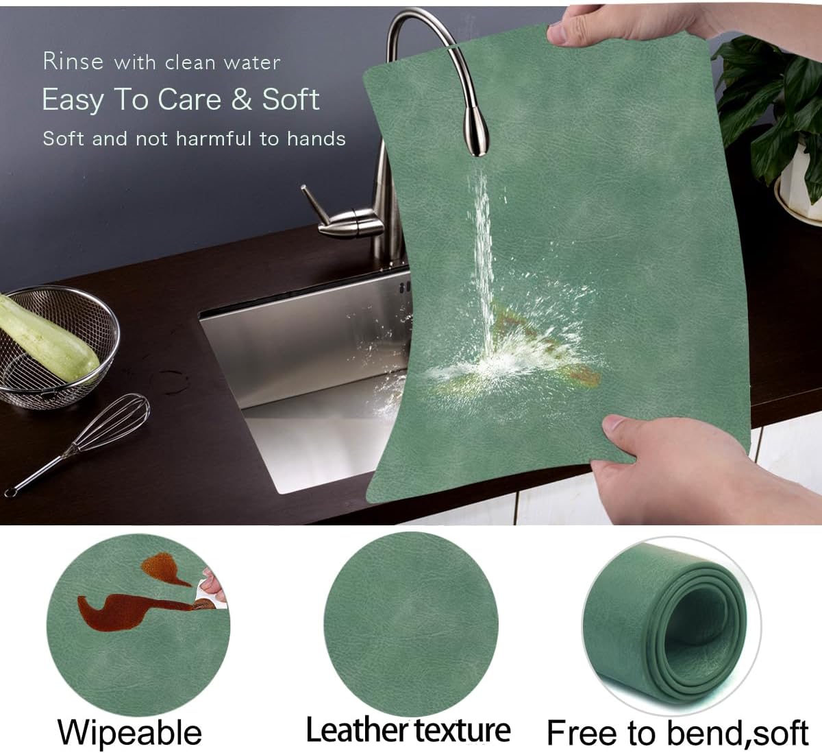 Juego de 4 manteles individuales reutilizables de piel sintética para mesa de comedor, 12 x 17 pulgadas, resistentes al agua y a las manchas,