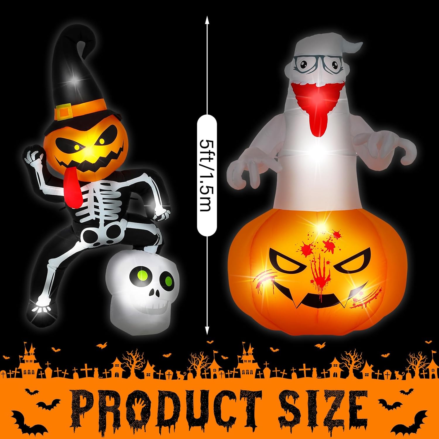 2 piezas inflables de Halloween de 5 pies, decoración de esqueleto de calabaza fantasma, Halloween con luces LED integradas para decoración de