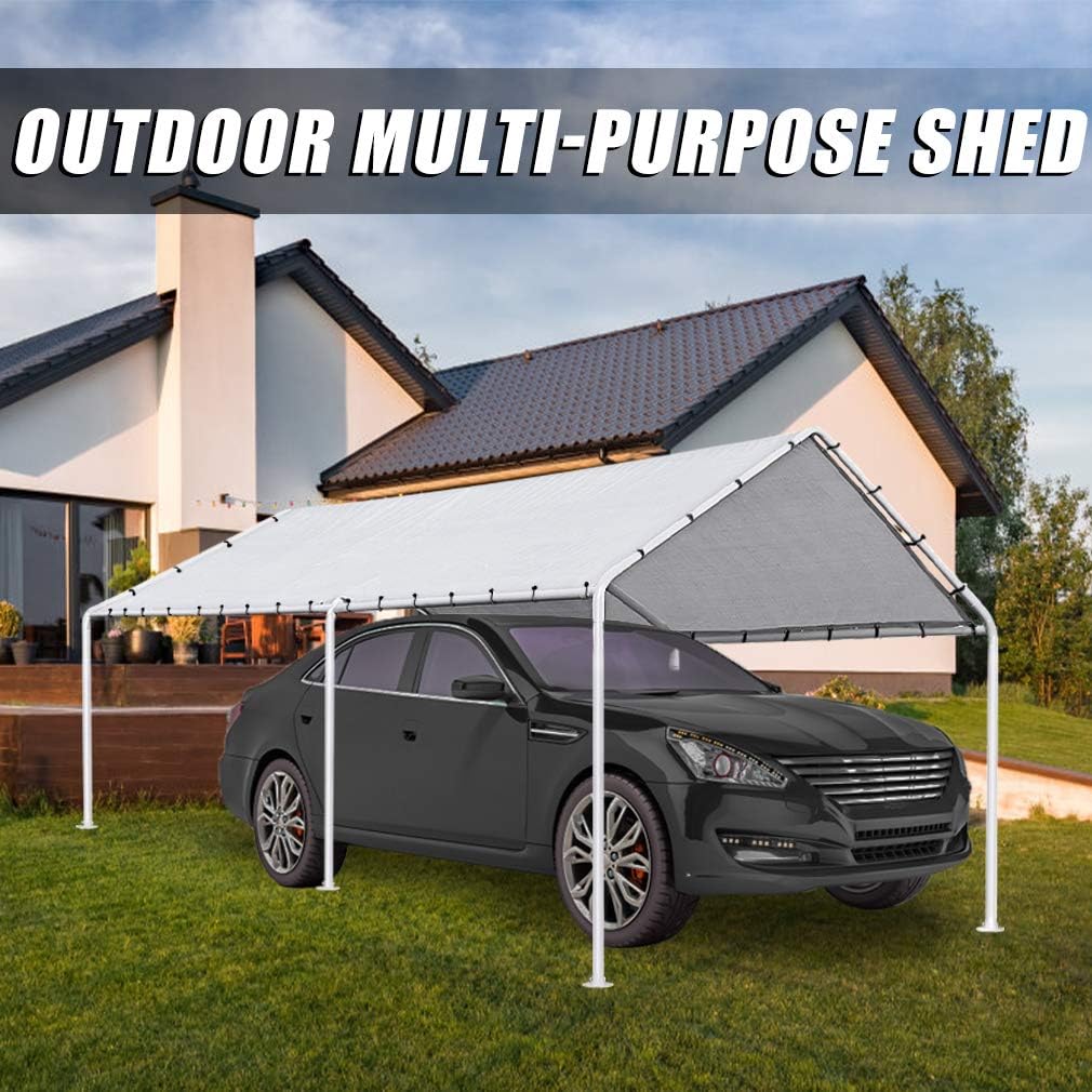Carport – Tienda de campaña resistente de 10 x 20 pulgadas, kit de cochera de metal, tienda de campaña con 6 patas de acero reforzado para