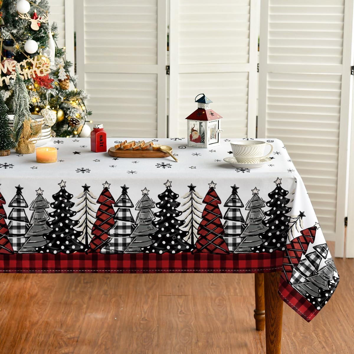 Horaldaily Mantel de Navidad de 60 x 84 pulgadas, diseño de árboles de Navidad a cuadros rojos, lavable, para decoración de fiestas, pícnic, cenas