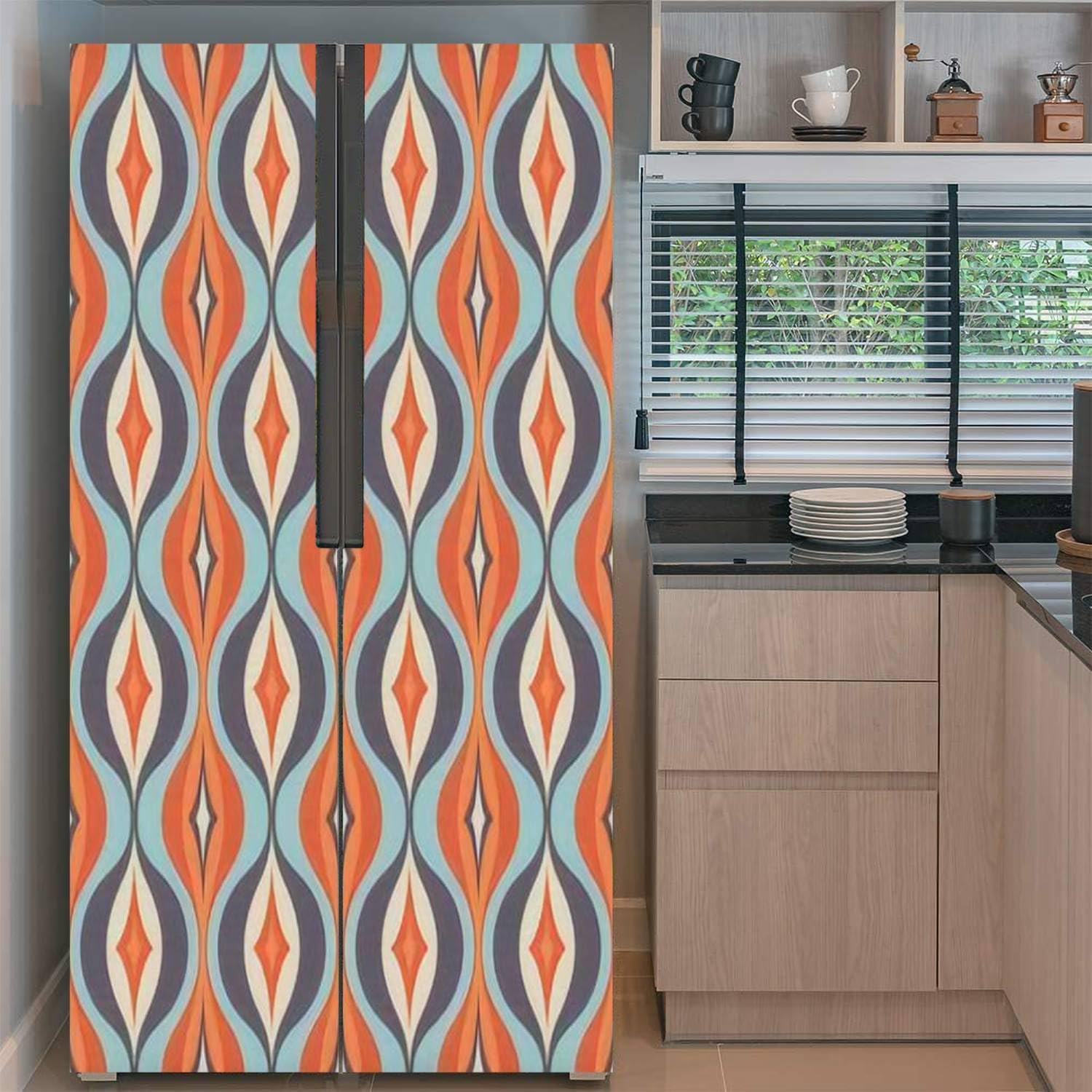 Juego de envoltorio de vinilo autoadhesivo para refrigerador de mediados de siglo, moderno, abstracto, geométrico, decorativo, mural, para puerta,