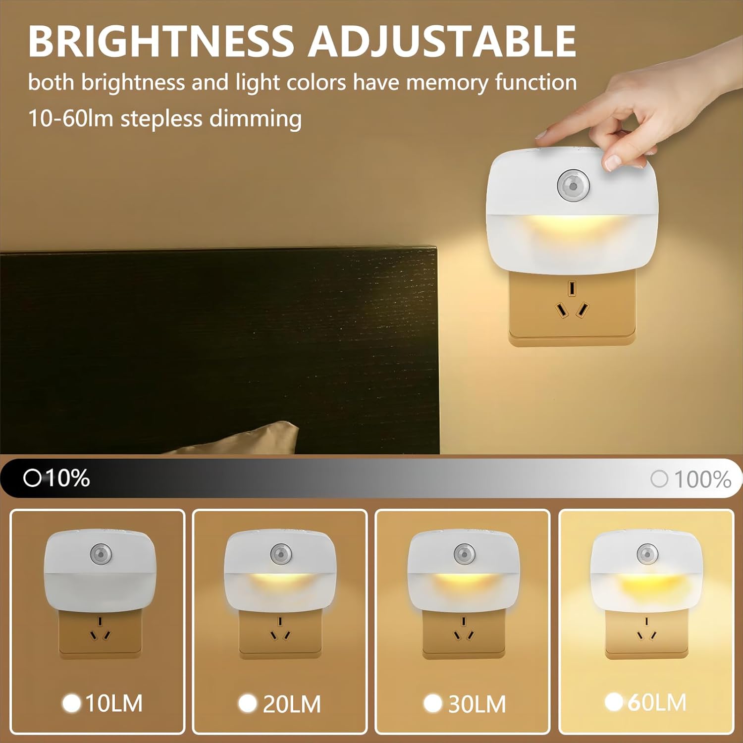 Sossi Paquete de 4 luces nocturnas con sensor de movimiento, atenuación continua de 10 a 60 lúmenes, 3 modos de luz con memoria, luces nocturnas