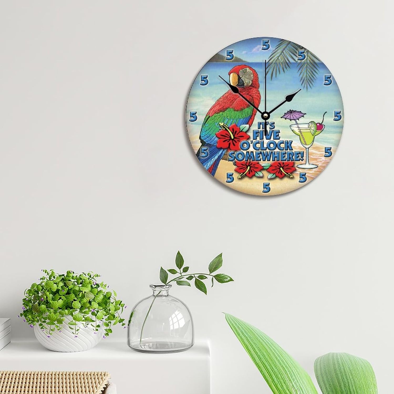 ArogGeld Reloj de pared Parrot Beach de 5 en algún lugar, reloj de pared de madera grande que funciona con pilas, 12 pulgadas, silencioso, sin