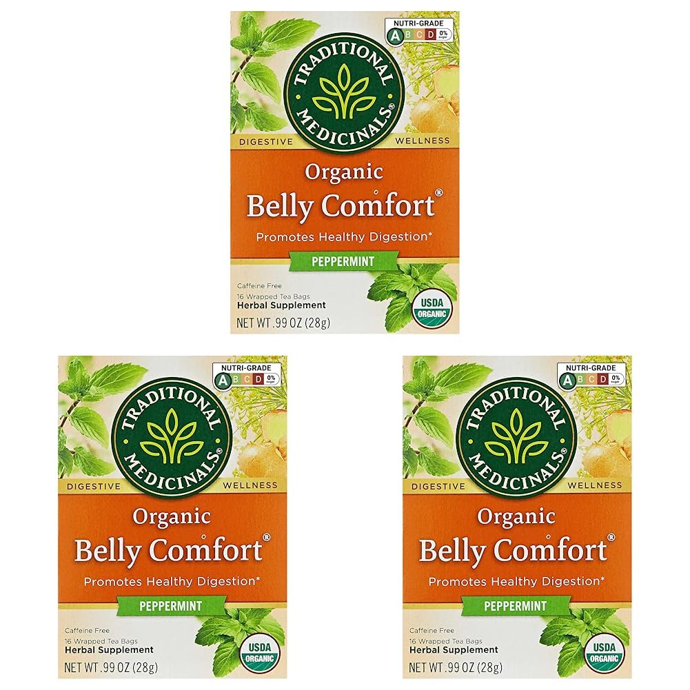 Traditional Medicinals Organic Belly Comfort – Té de hierbas de menta, promueve una digestión saludable (paquete de 3)  16 bolsas de té