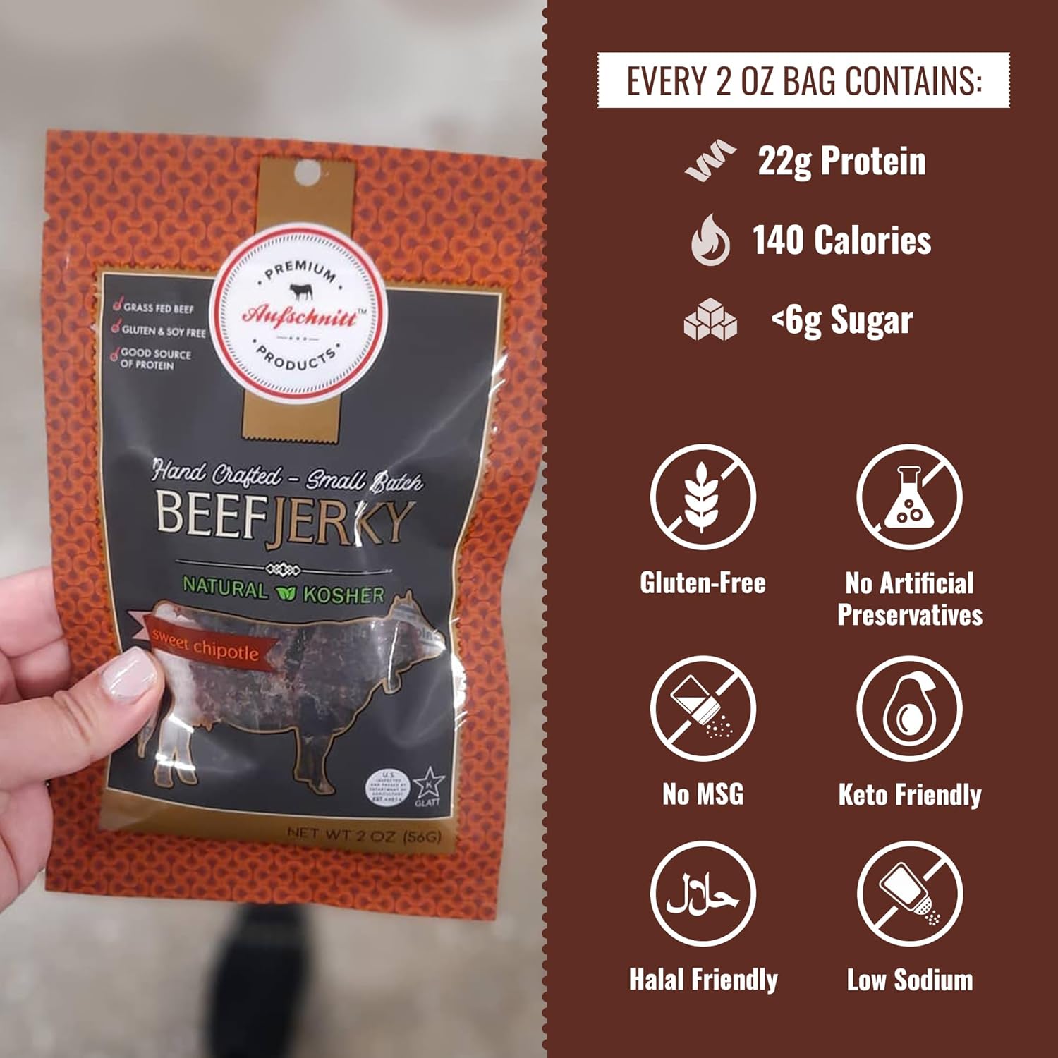 Aufschnitt Grass Fed Beef Jerky – Low Sodium, Certified Kosher – Halal and Keto Friendly – 24 Pack, Sweet Chipotle