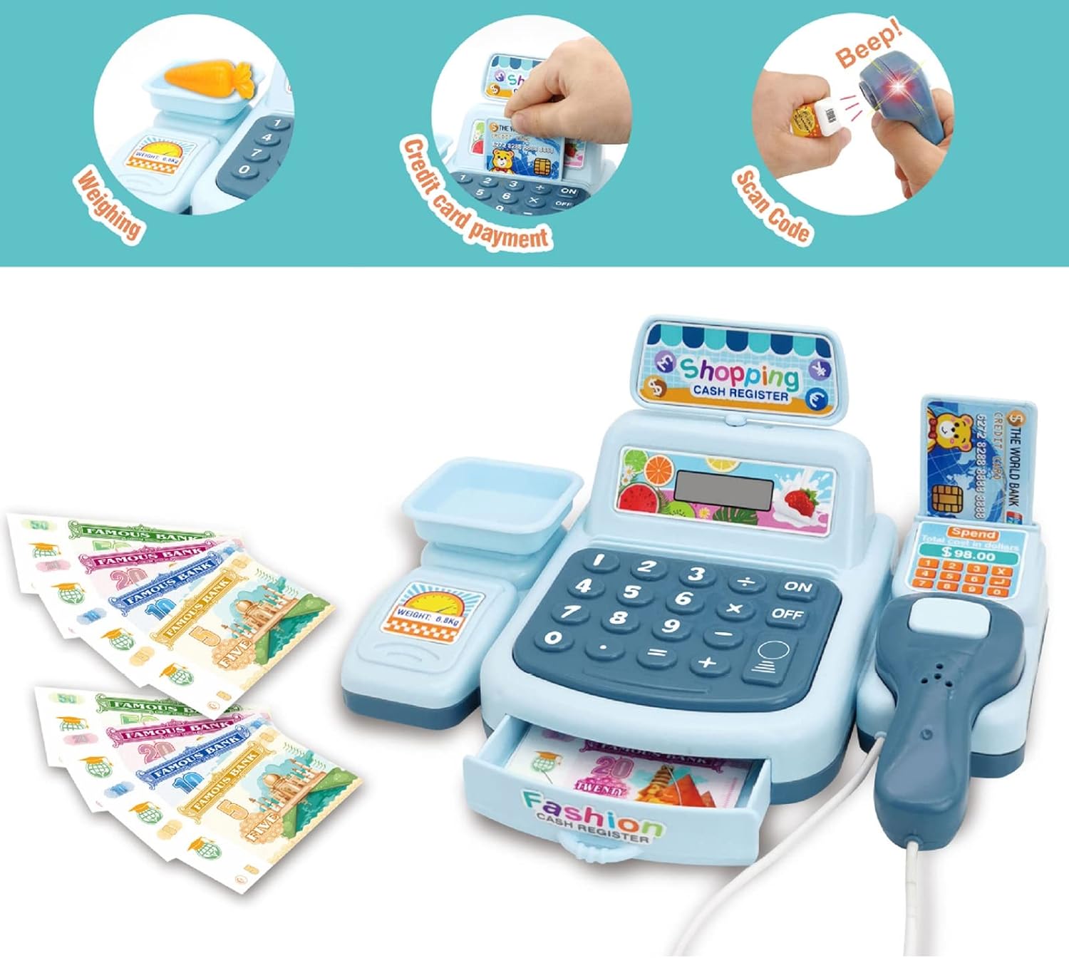 Caja registradora de juguete Juego con música Cajero Tienda de comestibles Supermercado Interactivo Playset para niños Regalo Juguete Azul
