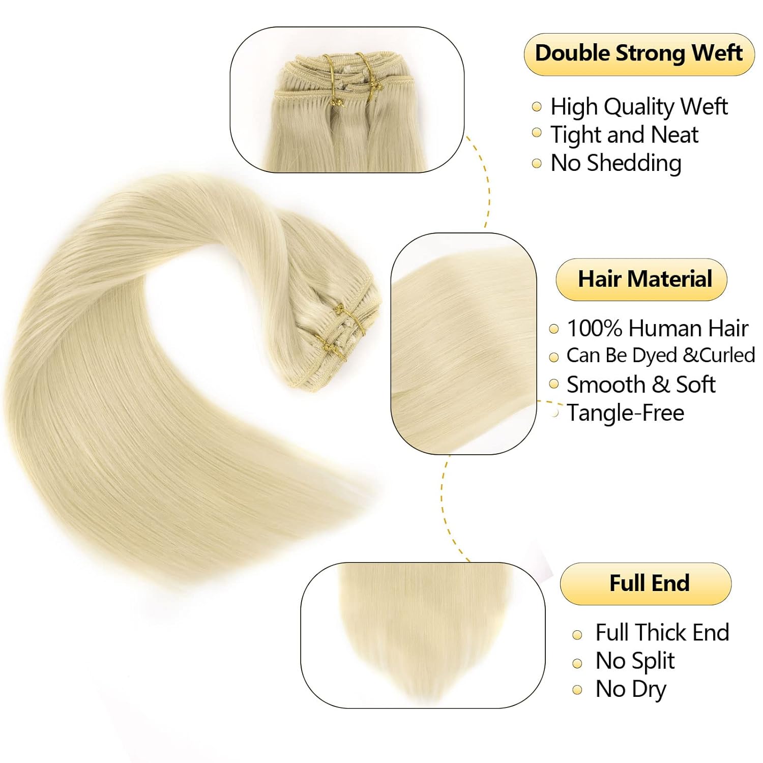OURI Extensiones de cabello humano real sin costuras, 14 pulgadas, 4.23 oz, 7 unidades, Remy 100 natural, doble trama, color rubio degradado, largo,
