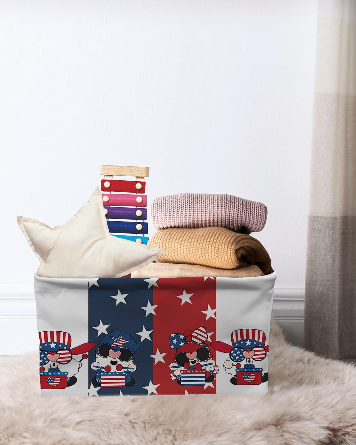 Cesta de almacenamiento para organizar estantes, cajas plegables con asa, gnomos del día de la independencia, estrella, rojo, blanco, azul, rayas,