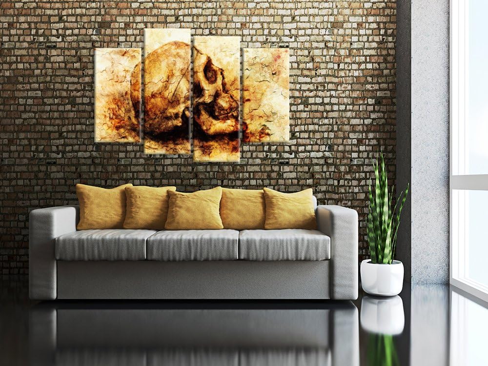 iHAPPYWALL Lienzo de calavera vintage para pared, diseño abstracto de cabeza de calavera sobre fondo amarillo, imagen de esqueleto humano sobre