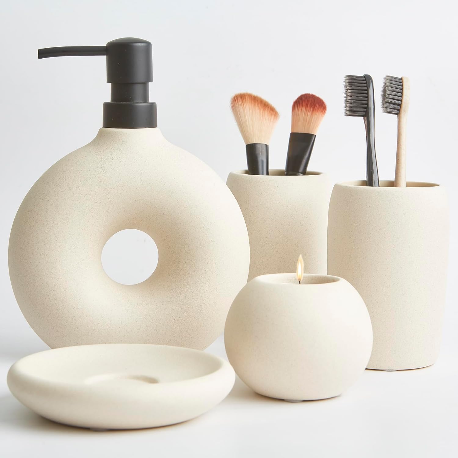 Juego de accesorios de baño de cerámica, 5 piezas, incluye dispensador de jabón, taza para cepillo de dientes, soporte para cepillos de dientes,