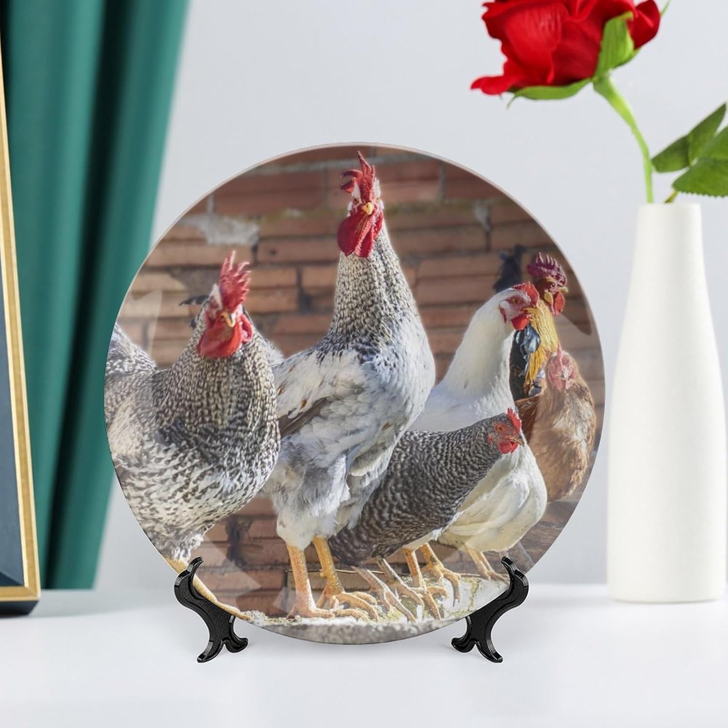 Plato decorativo para exhibición, gallinas de granja, pájaros, plato de gallinero, platos de postre de cerámica, platos conmemorativos con soporte,