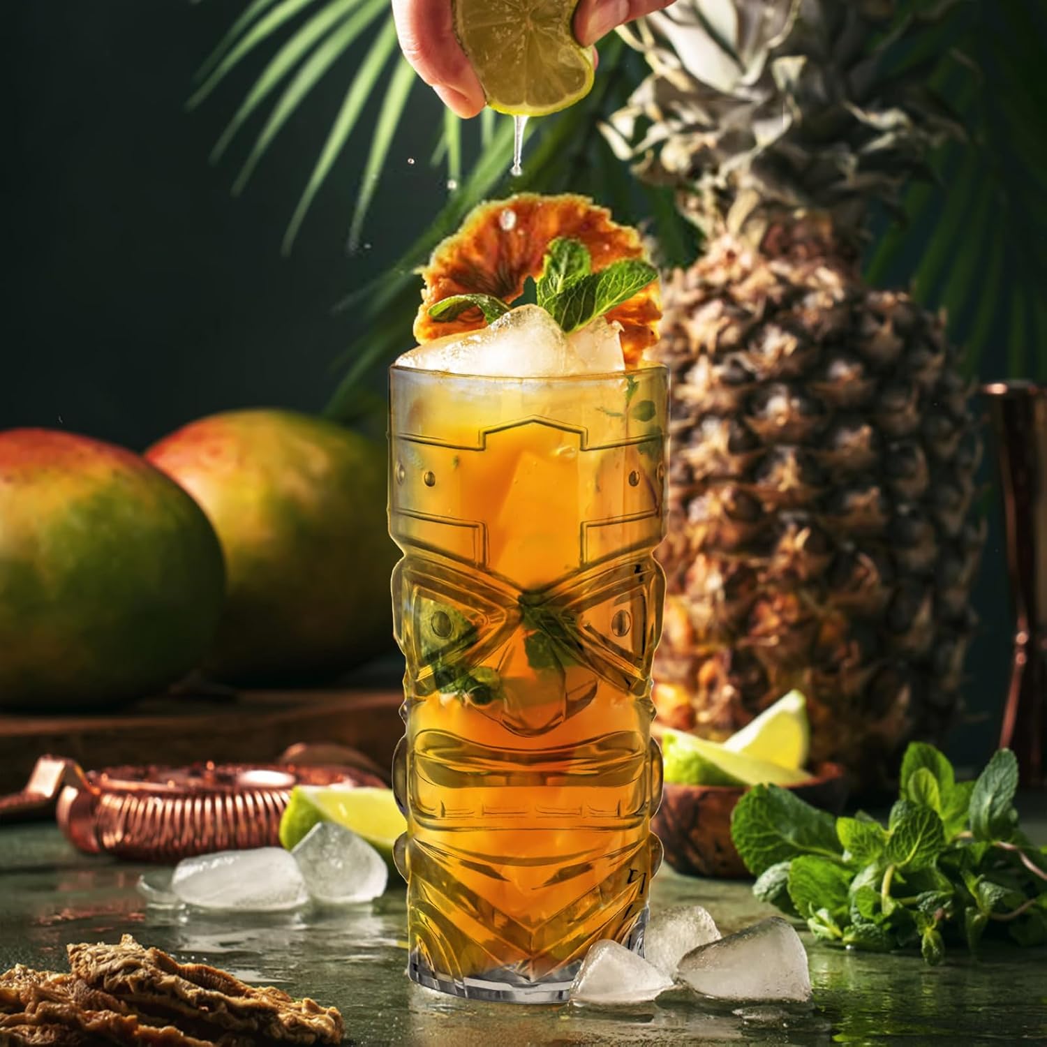 Okllen Paquete de 8 tazas Tiki de plástico, tazas de cóctel Tiki transparentes de 16 onzas, vasos trapicales elegantes para bar moderno, fiesta